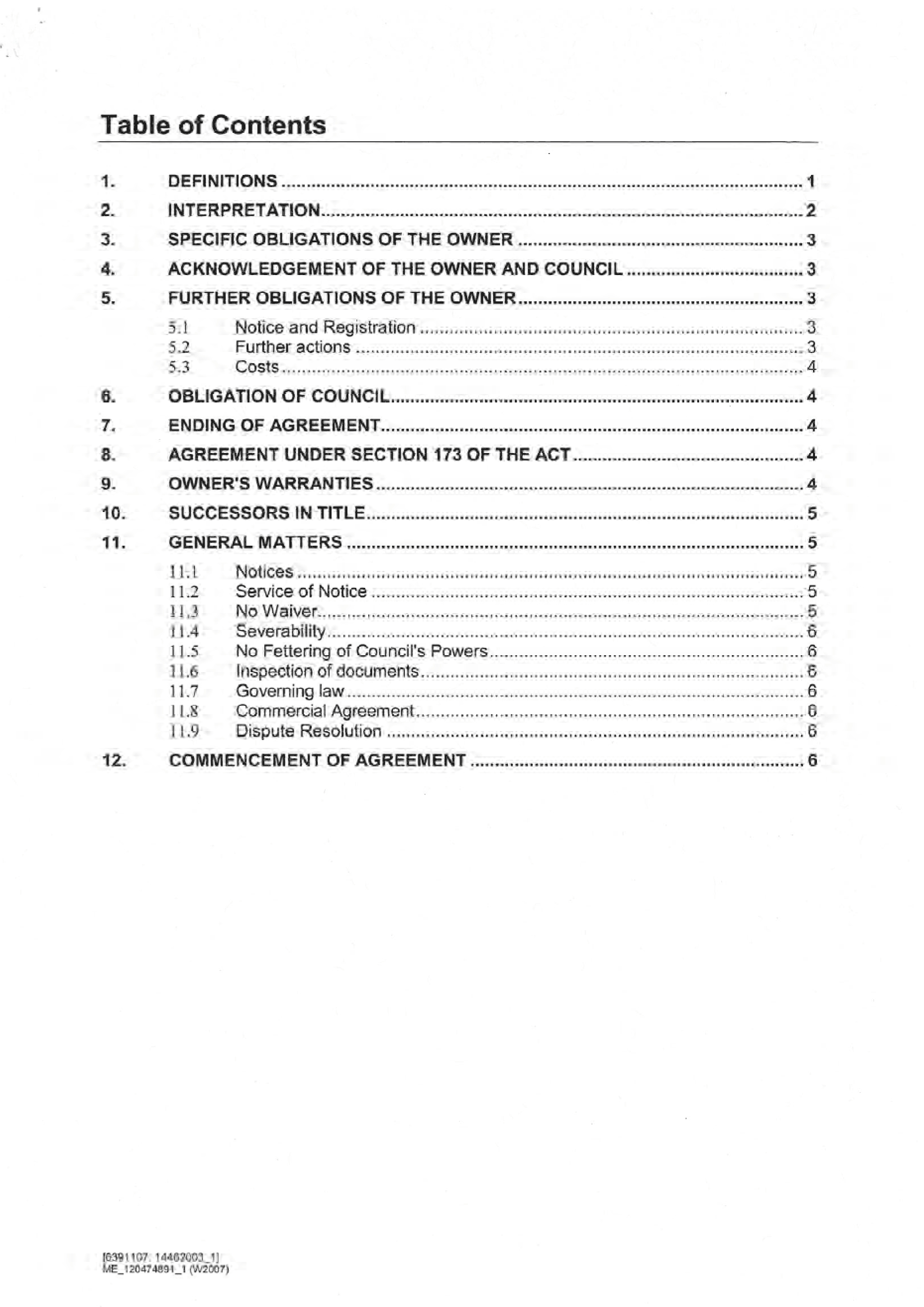 Section 173 Agreement signed by Bisinella Developments - table of contents