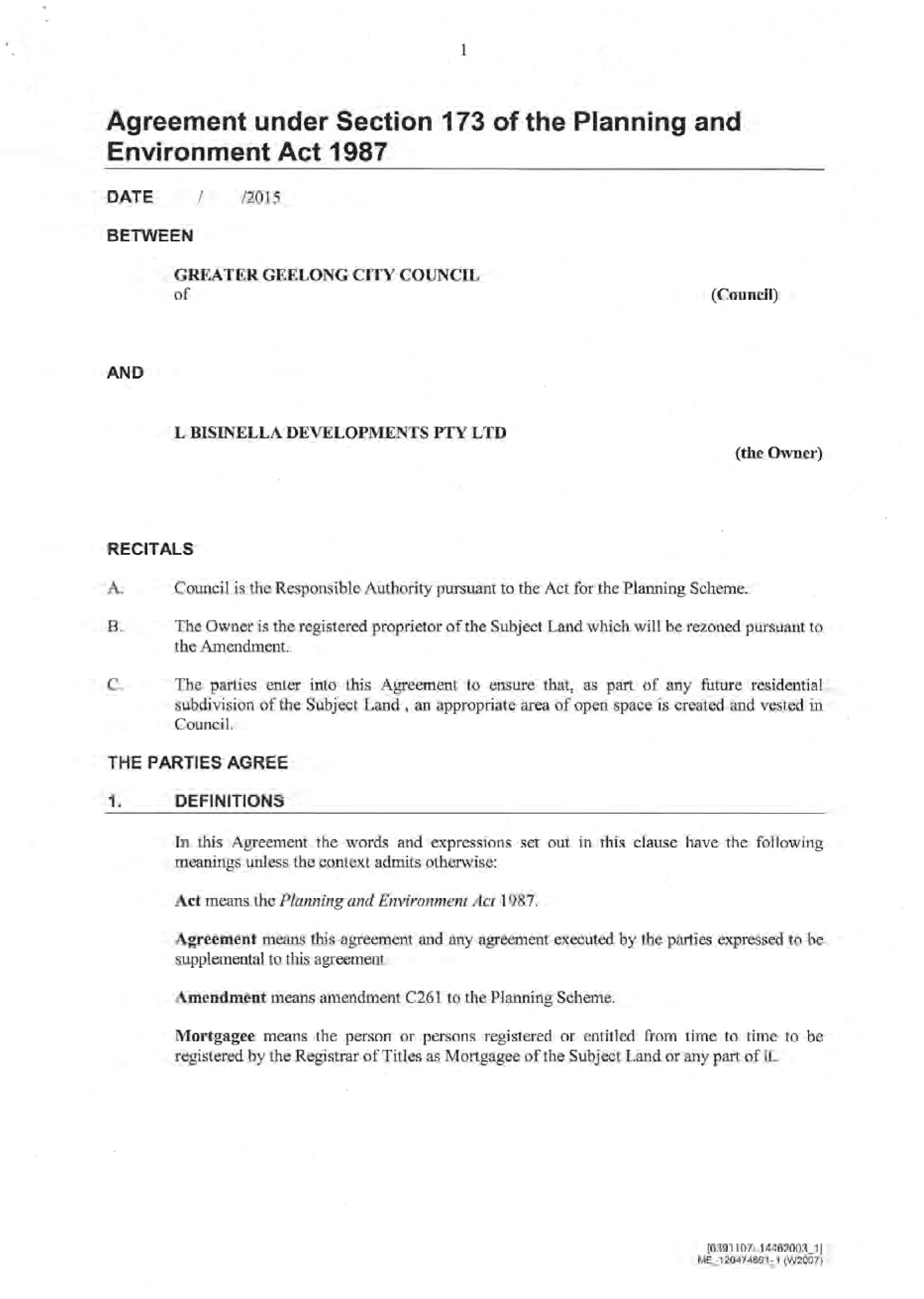 Section 173 Agreement signed by Bisinella Developments - page 1 of 7 pages