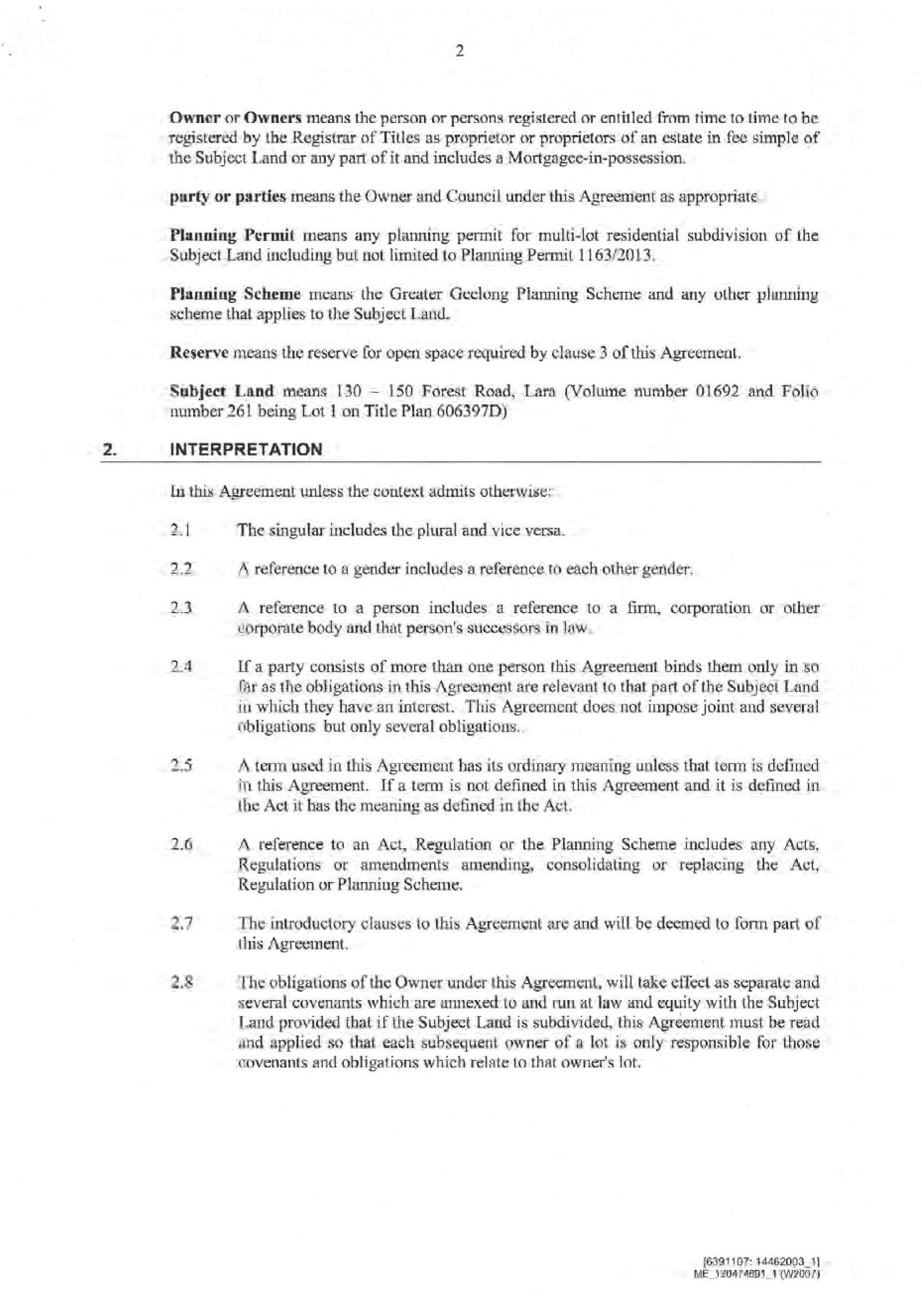 Section 173 Agreement signed by Bisinella Developments - page 2 of 7 pages