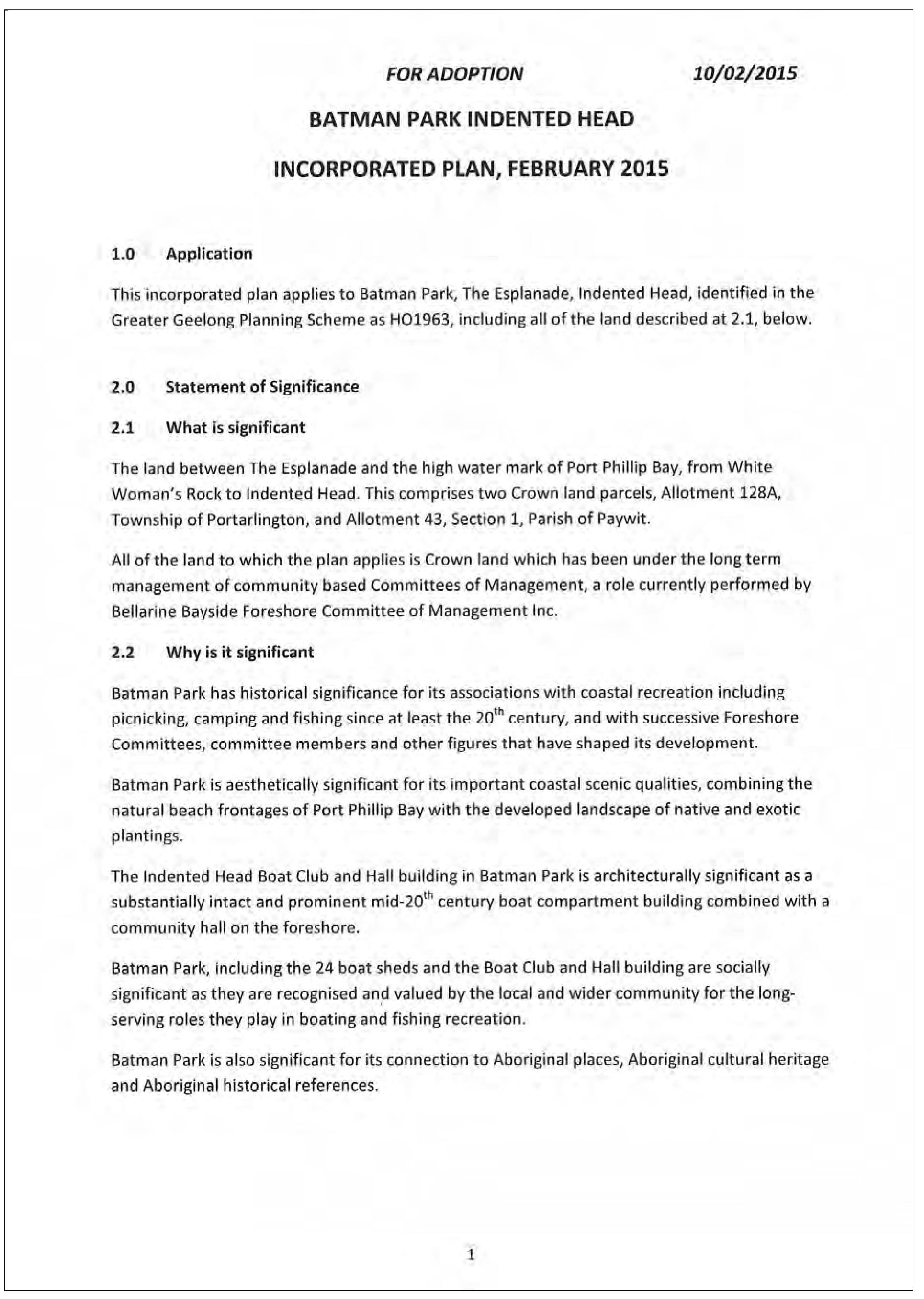 Batman Park Indented Head Incorporated Plan, February 2015 - page 1 of 8