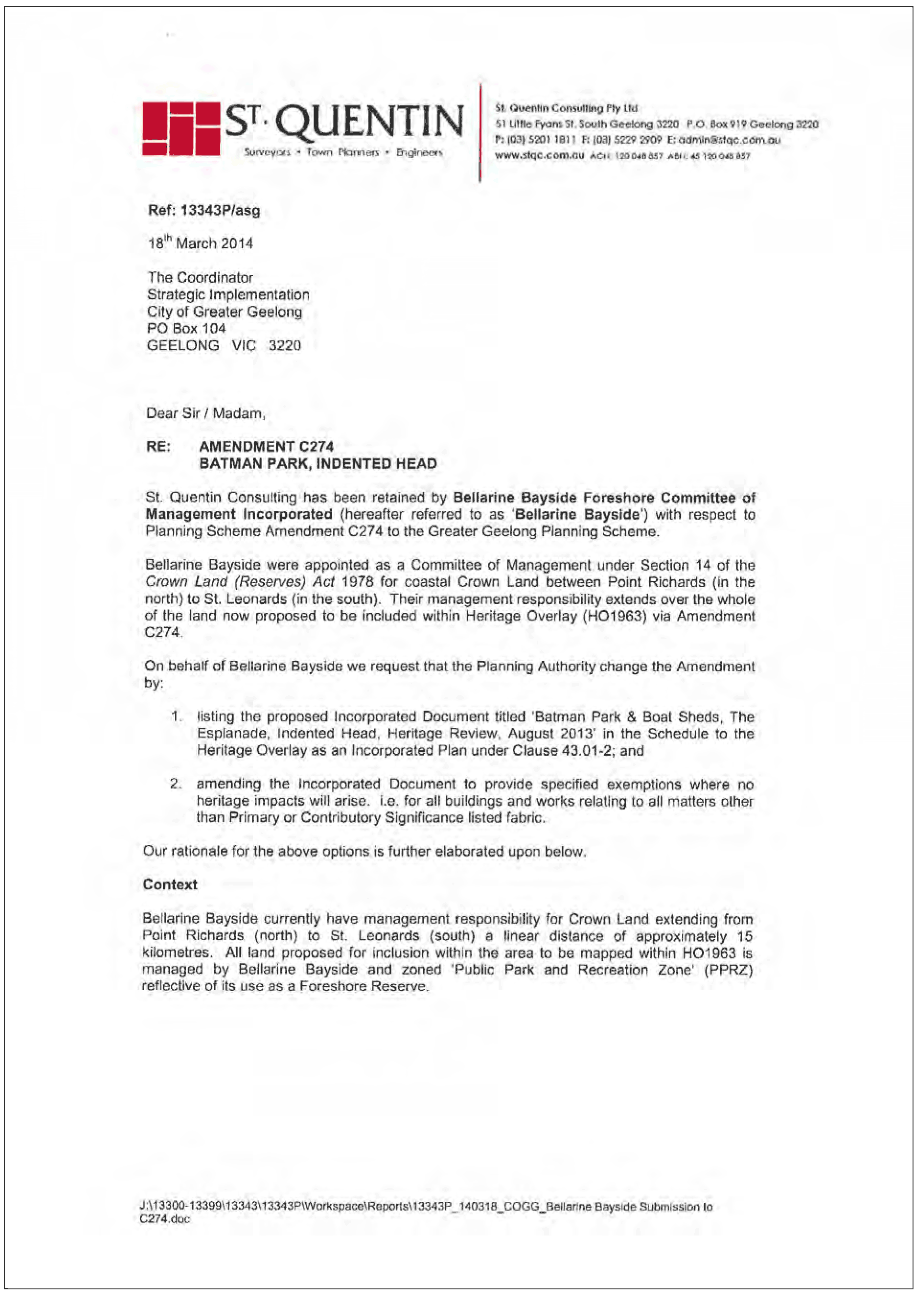 Bellarine Bayside submission - page 1 of 4 (St Quentin Consulting Pty Ltd on behalf of Bellarine Bayside Foreshore Committee of Management Incorporated)