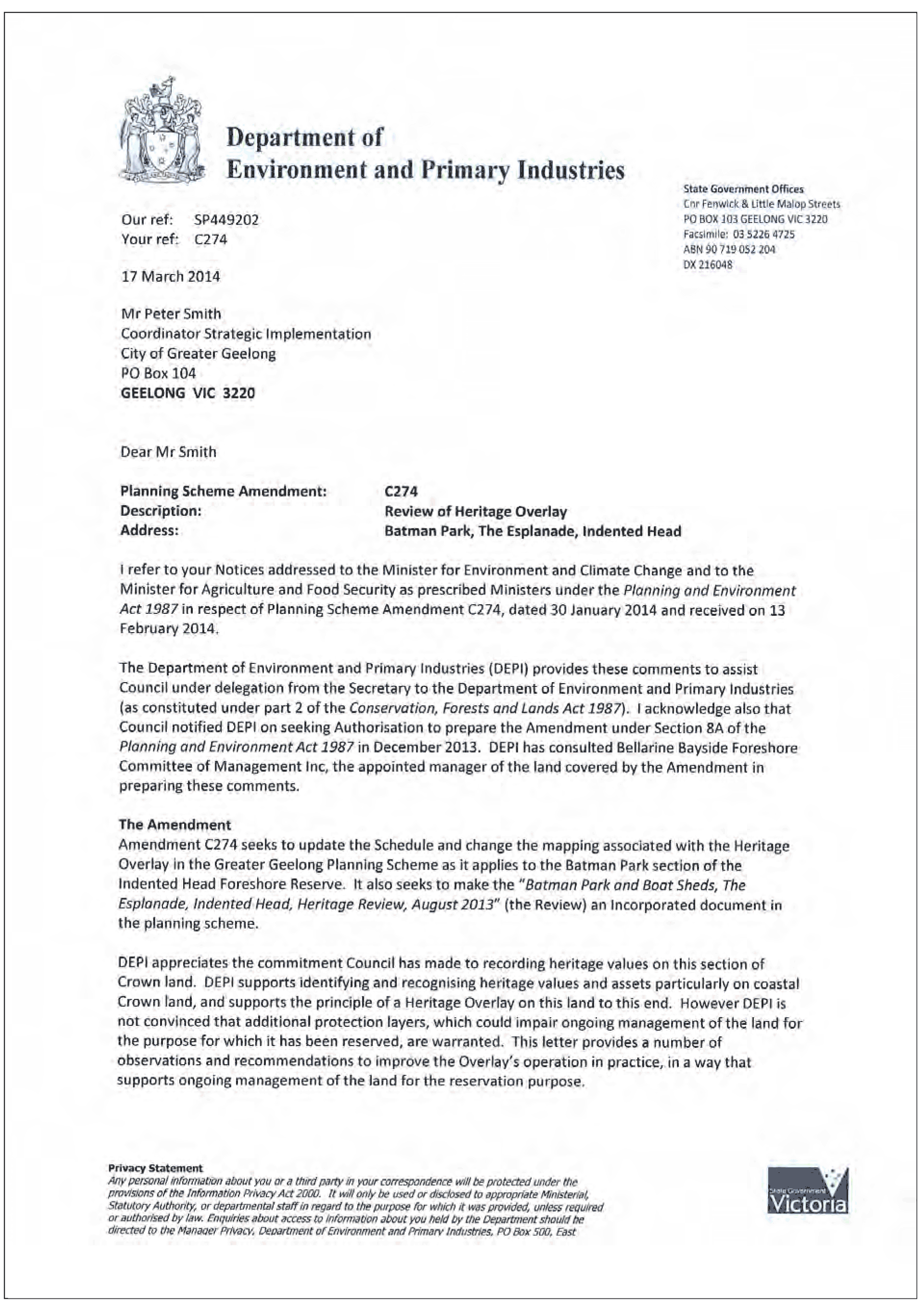 Department of Environment, Land, Water and Planning submission - page 1 of 4