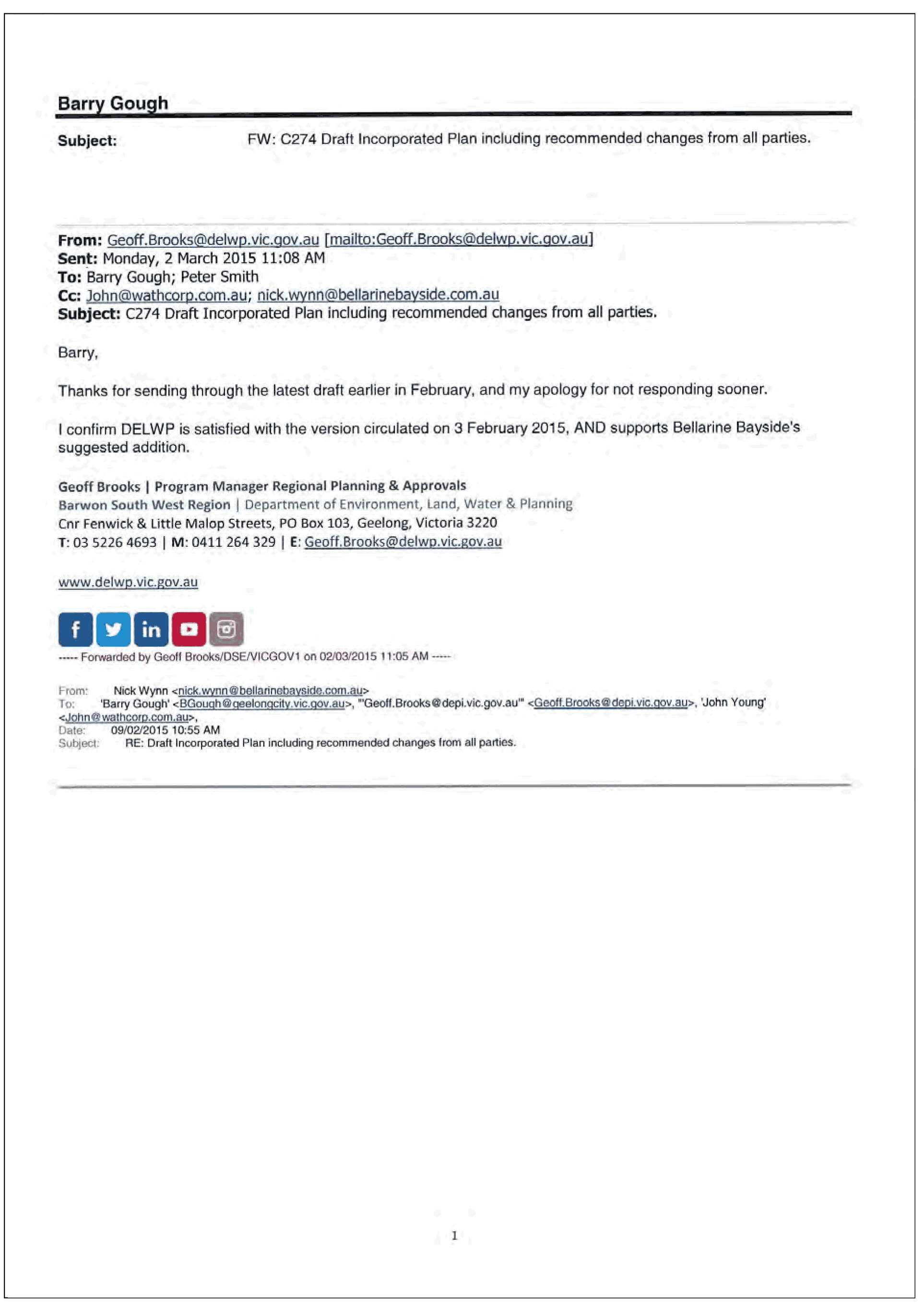 Email received from Department of Environment, Land, Water and Planning