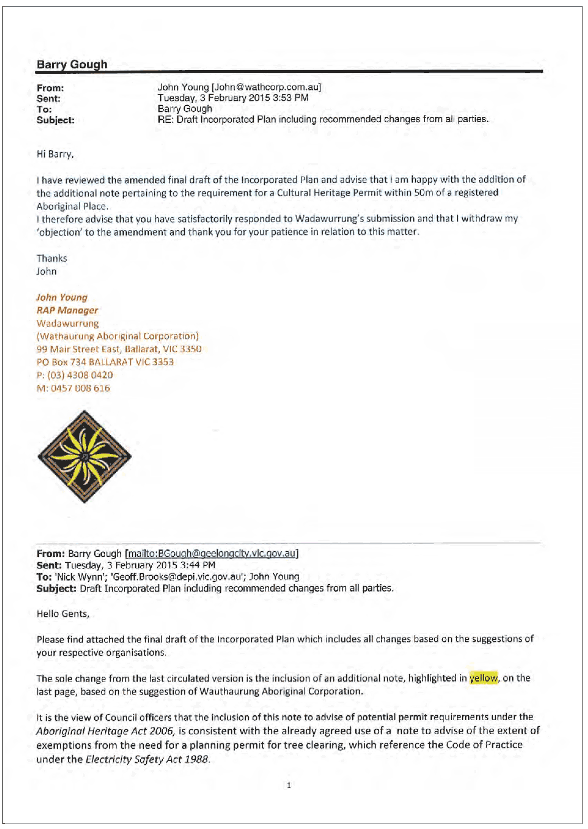 Email from John Young - Wadawurrung