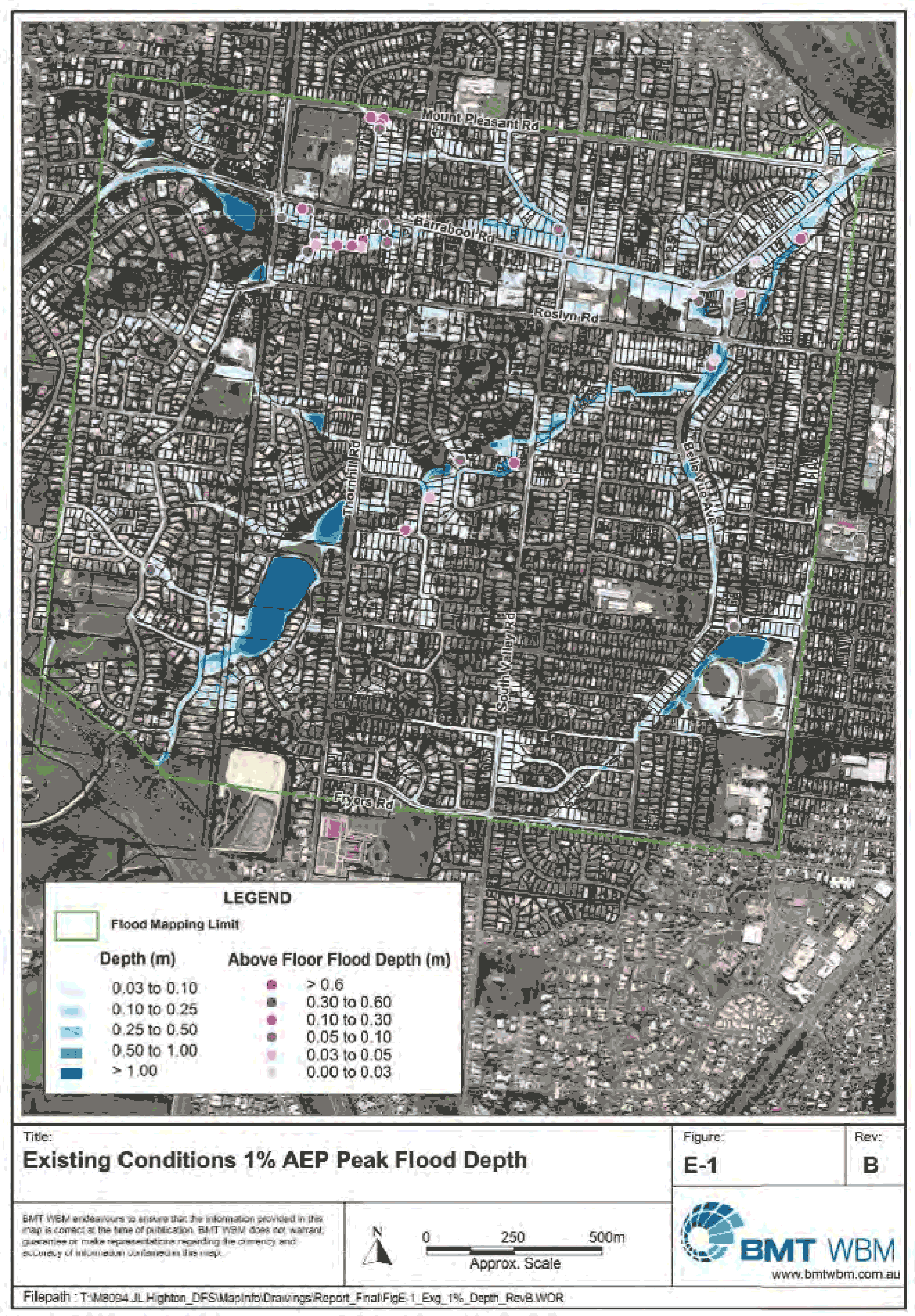 Executive Summary - page 3 of 6 - Map of existing conditions 1% AEP Peak Flood Depth - figure E-1