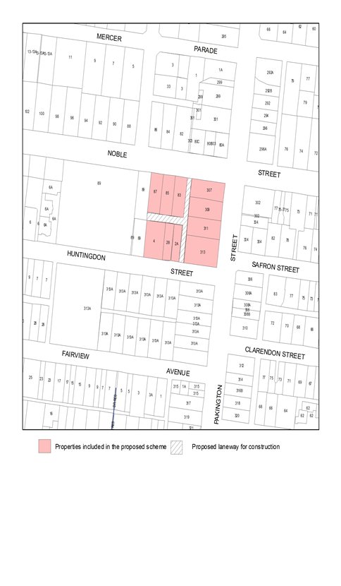Plan showing properties included in the propsed scheme and the proposed laneway for construction.