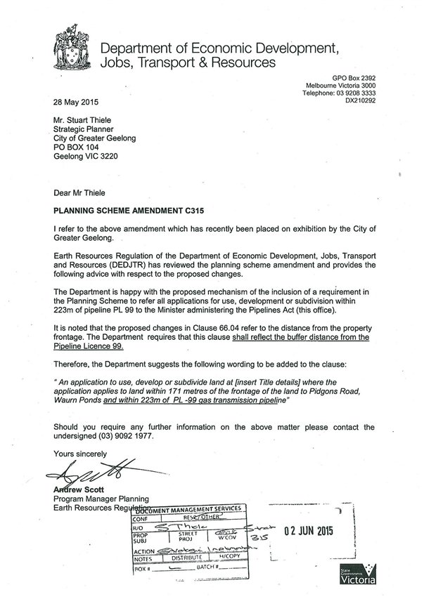 Letter from Department of Economic Development, Jobs, Transport and Resources
