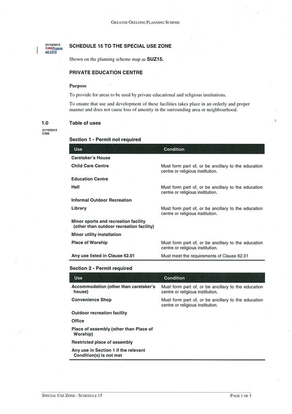 Amendment C315 - Schedule 15 to the Special Use Zone - page 1 of 3