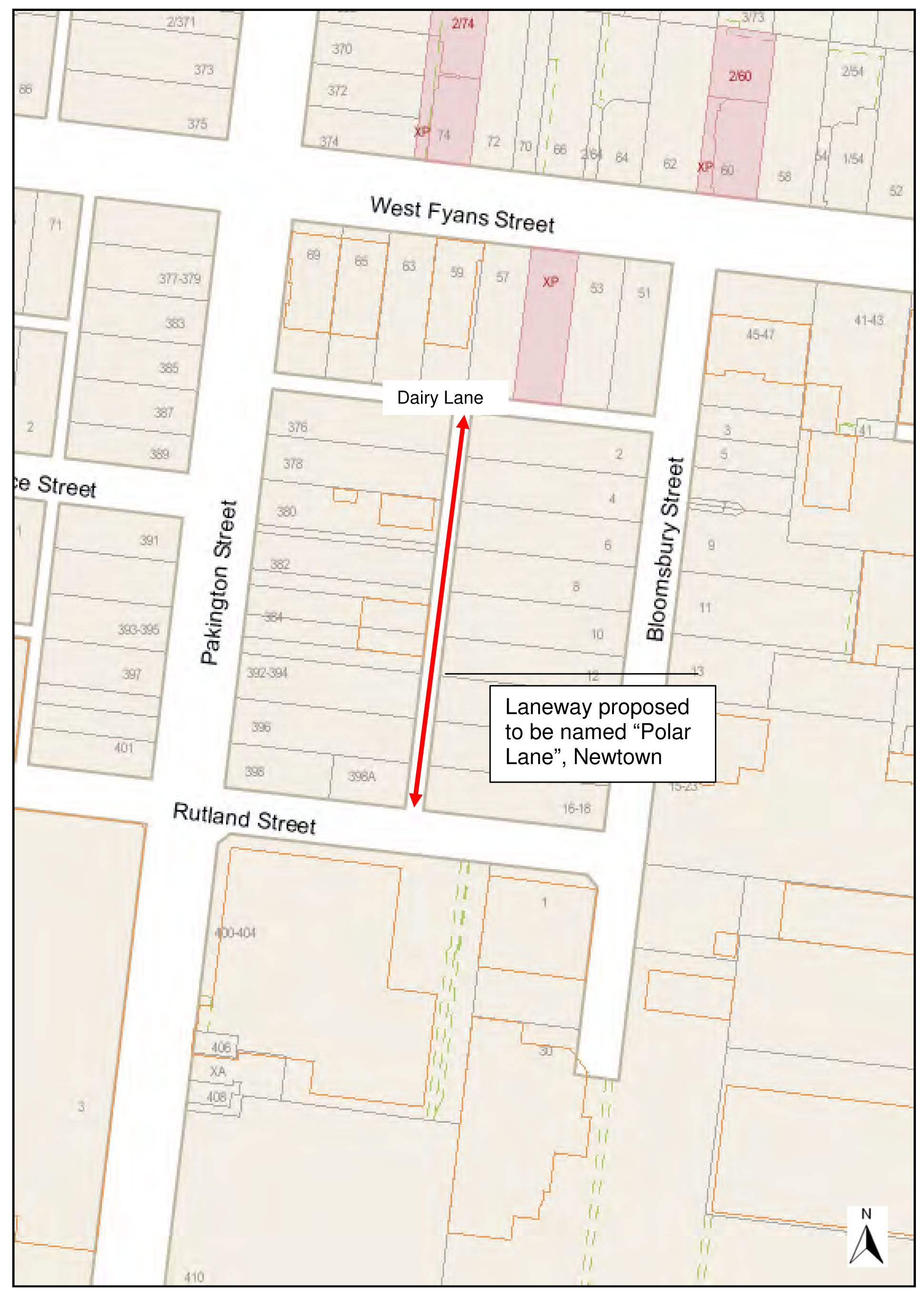 Map showing location of proposed laneway - to be named Polar lane, Newtown