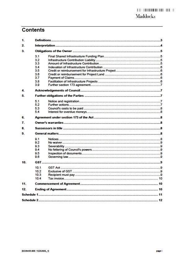 Section 173 Agreement Template - Contents