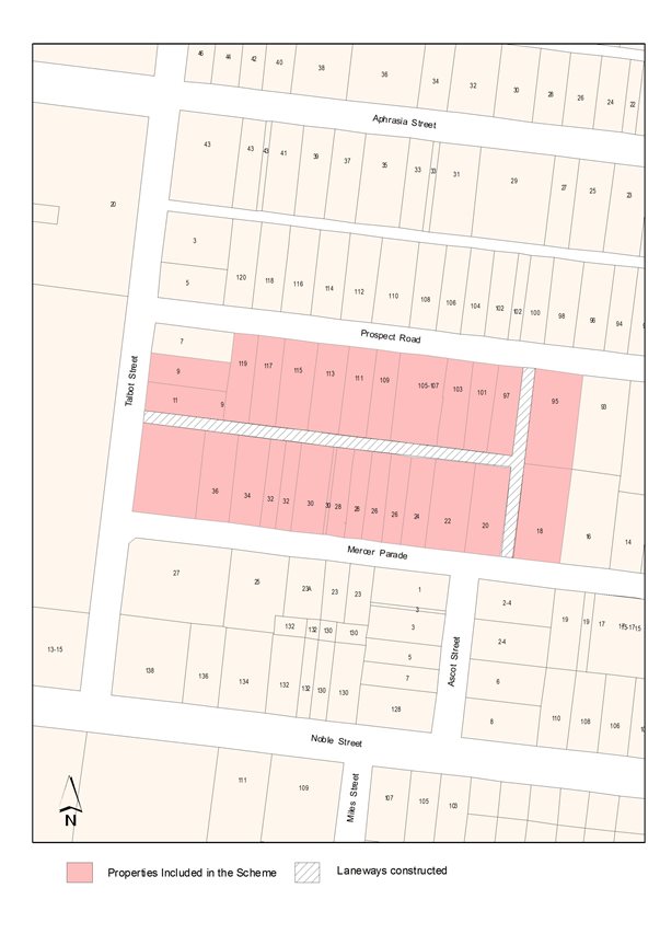 Plan showing properties included in the scheme and laneways constructed