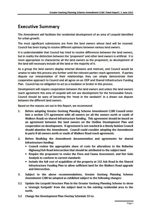 Executive summary from Panel Report - Page 1 of 2