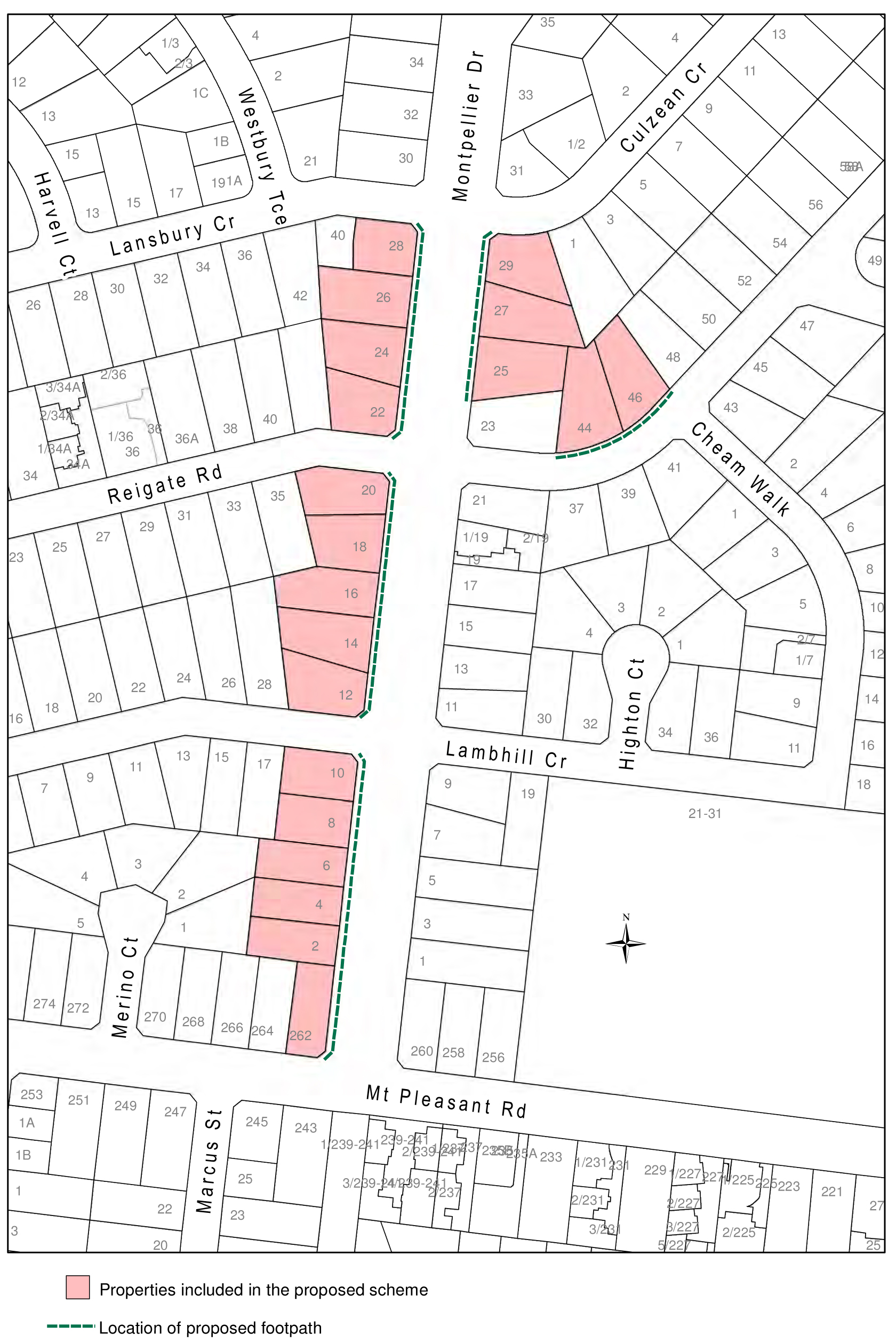 Plan shwoing properties included in the proposed scheme and the location of the proposed footpath