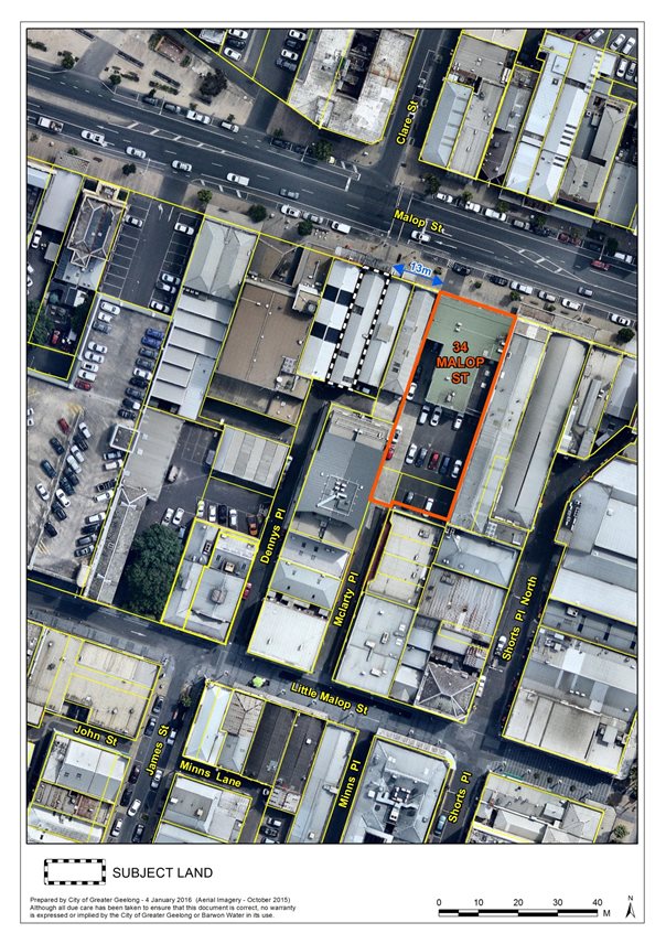 Aerial map of subject land and proximity to 34 Malop Street
