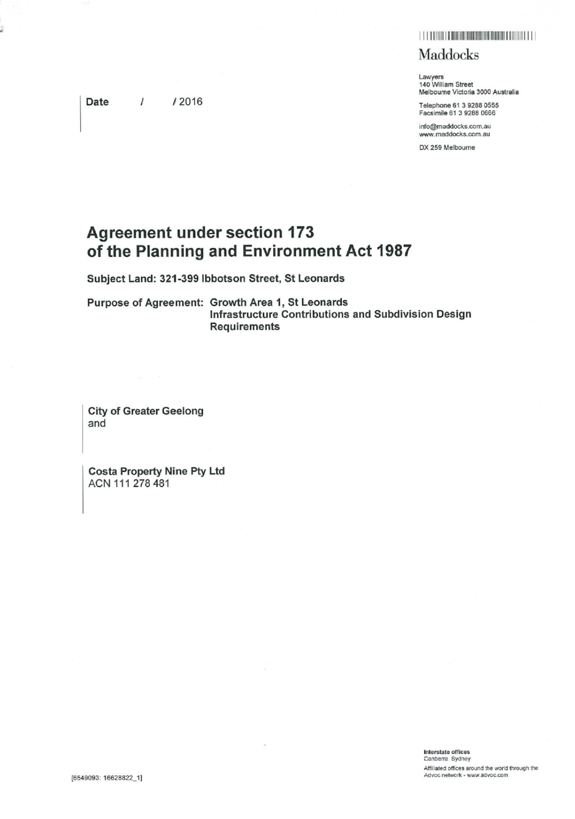 Section 173 Agreement - title page