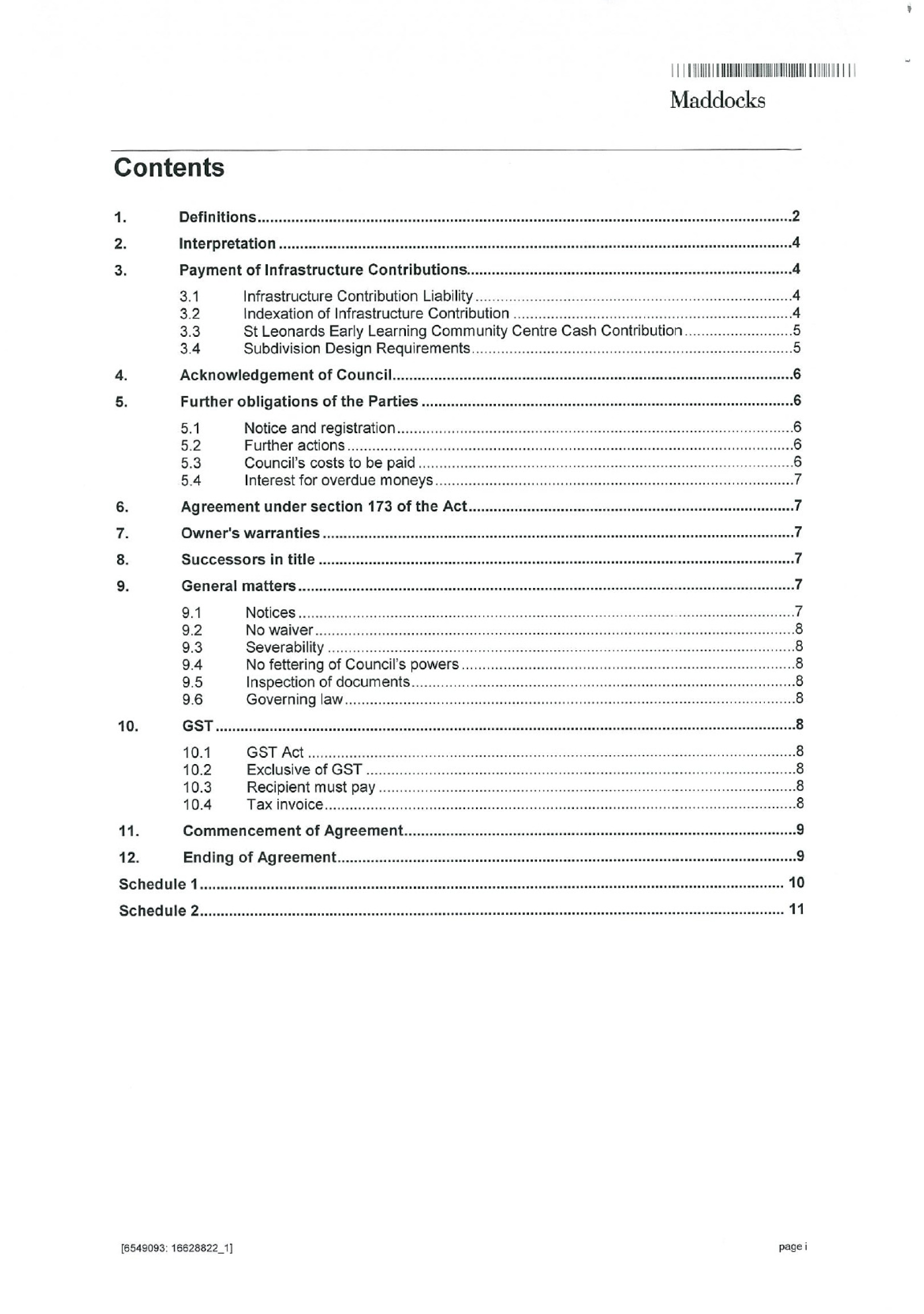 Section 173 Agreement - Contents page