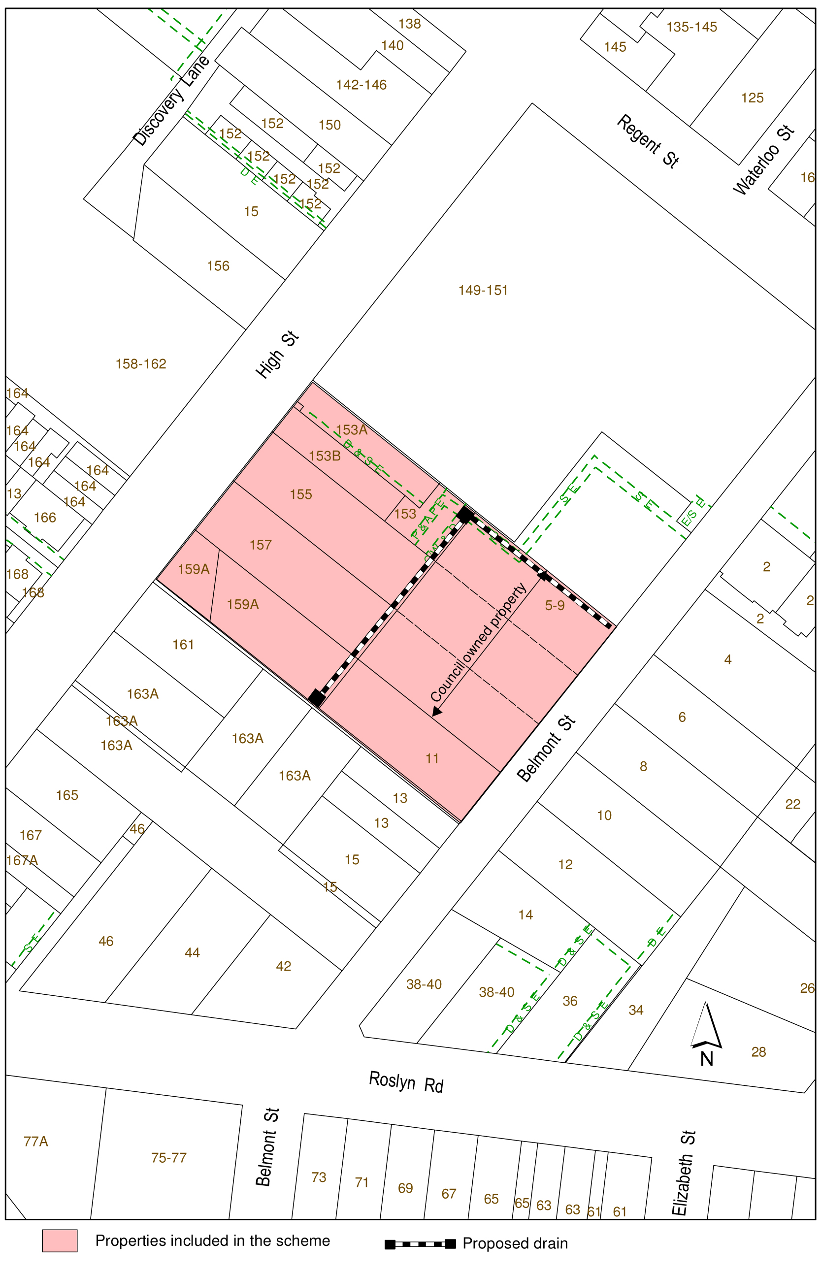 Plan showing properties included in the scheme and the location of the proposed drain