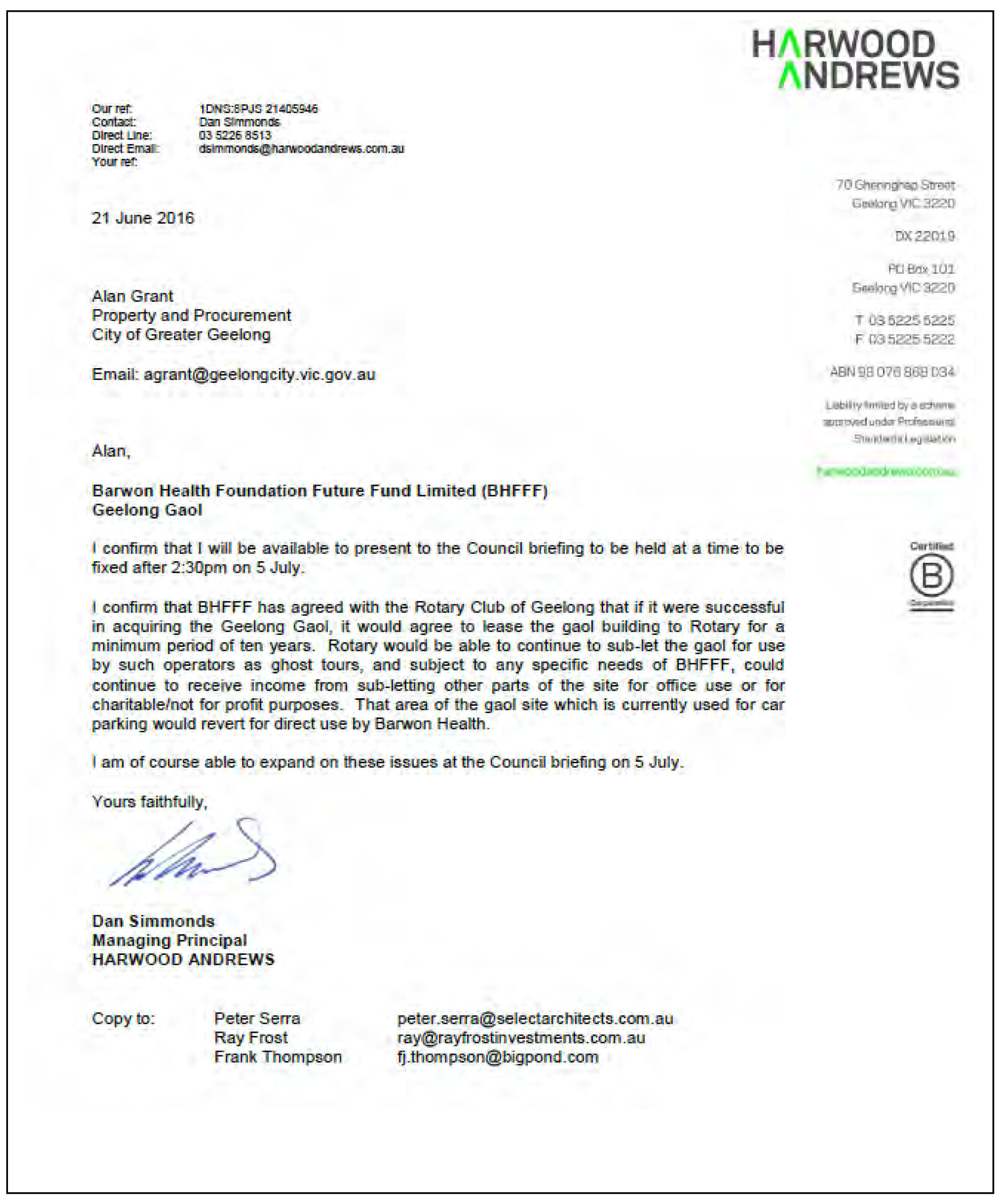 Attachment 1 - letter from harwood Andrews