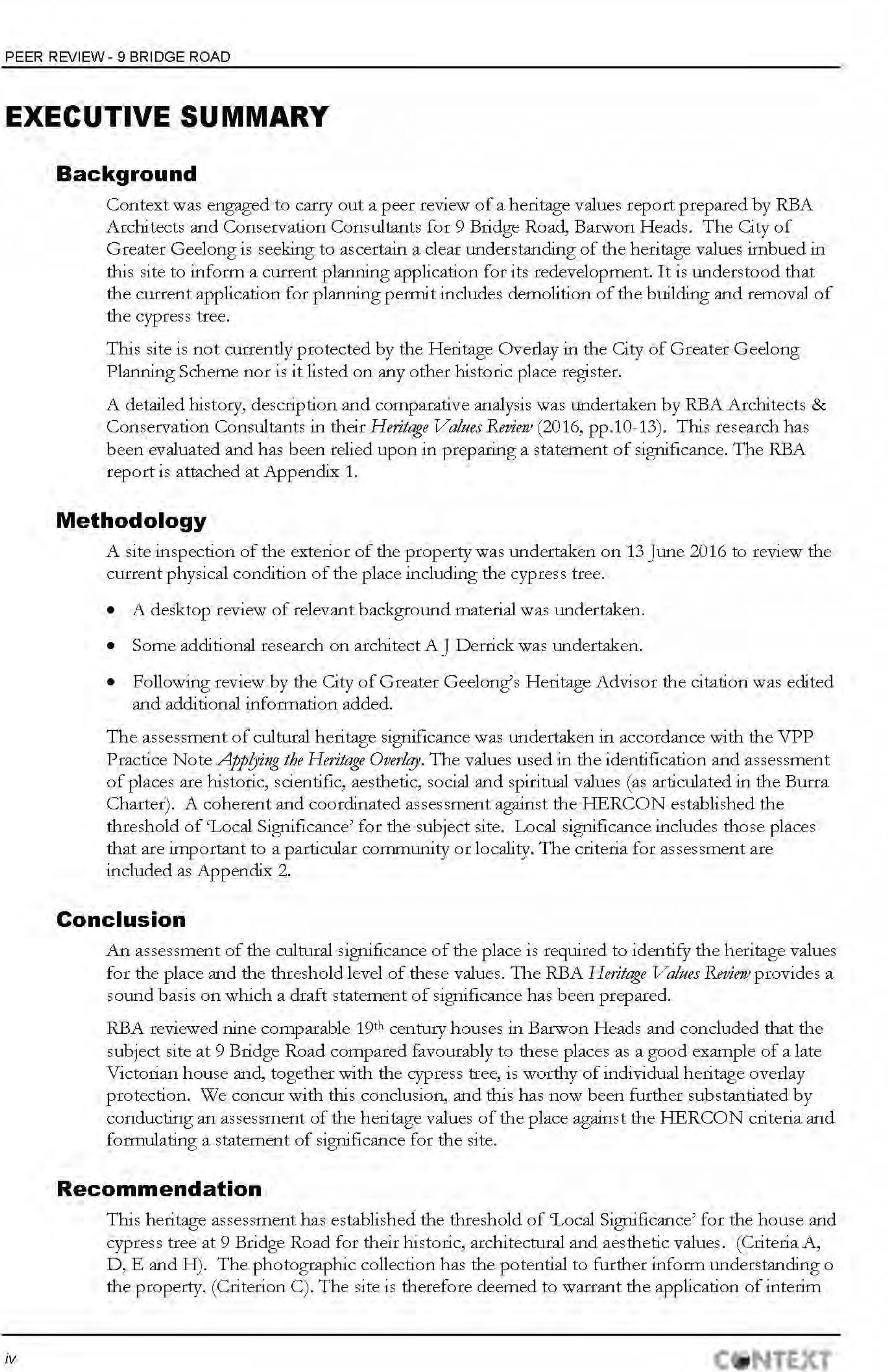 Appendix 3 – Context Pty Ltd  Heritage Assessment (includes RBA Report) Page 4 of 32 pages