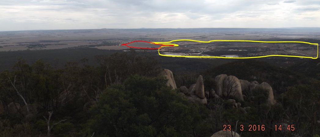 Figure 4 – View from Flinders Peak looking out towards the existing mines circled in yellow. The area circled in red is the subject site