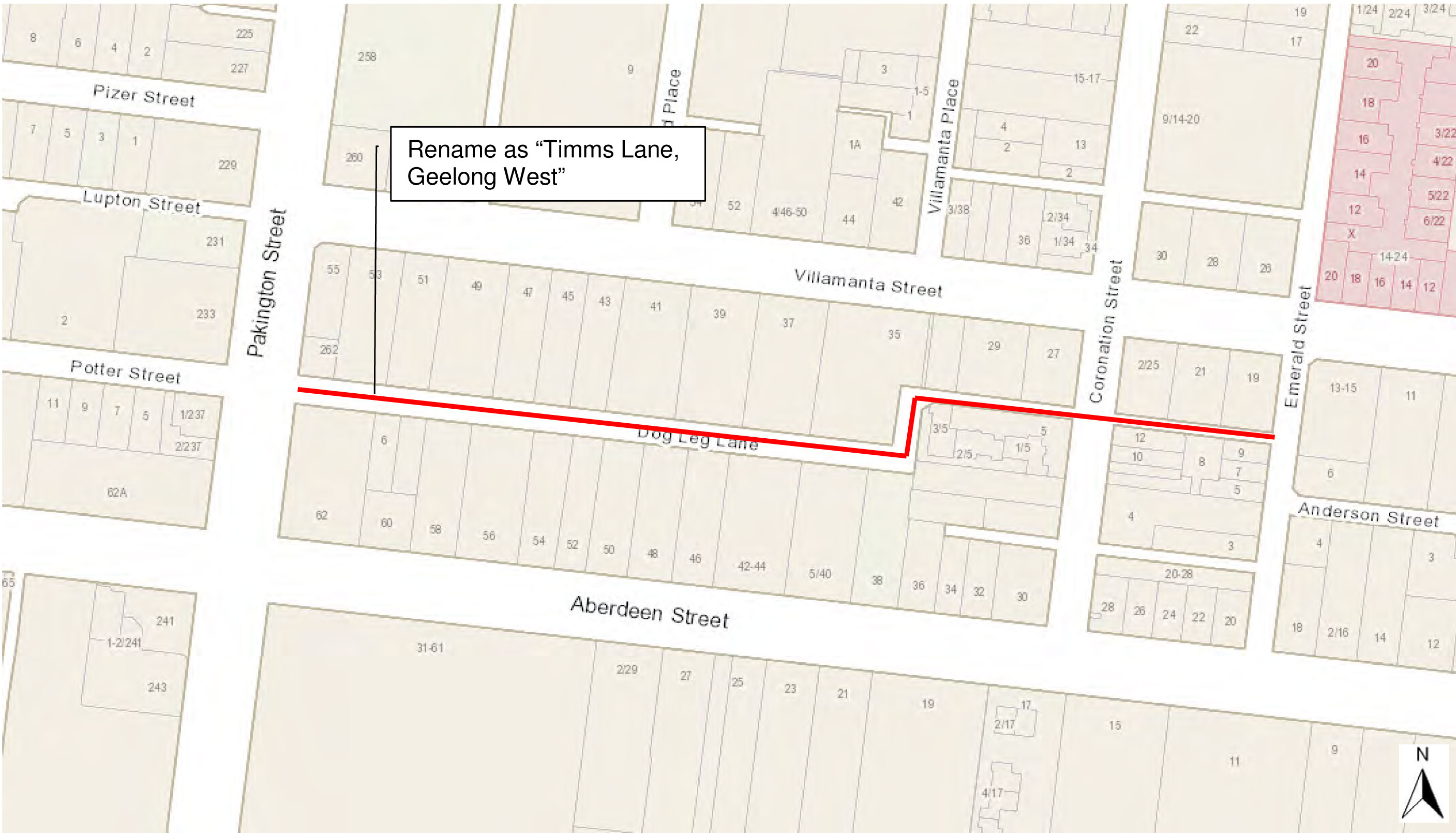 Map showing Dog Leg Lane - to be renamed Timms Lane