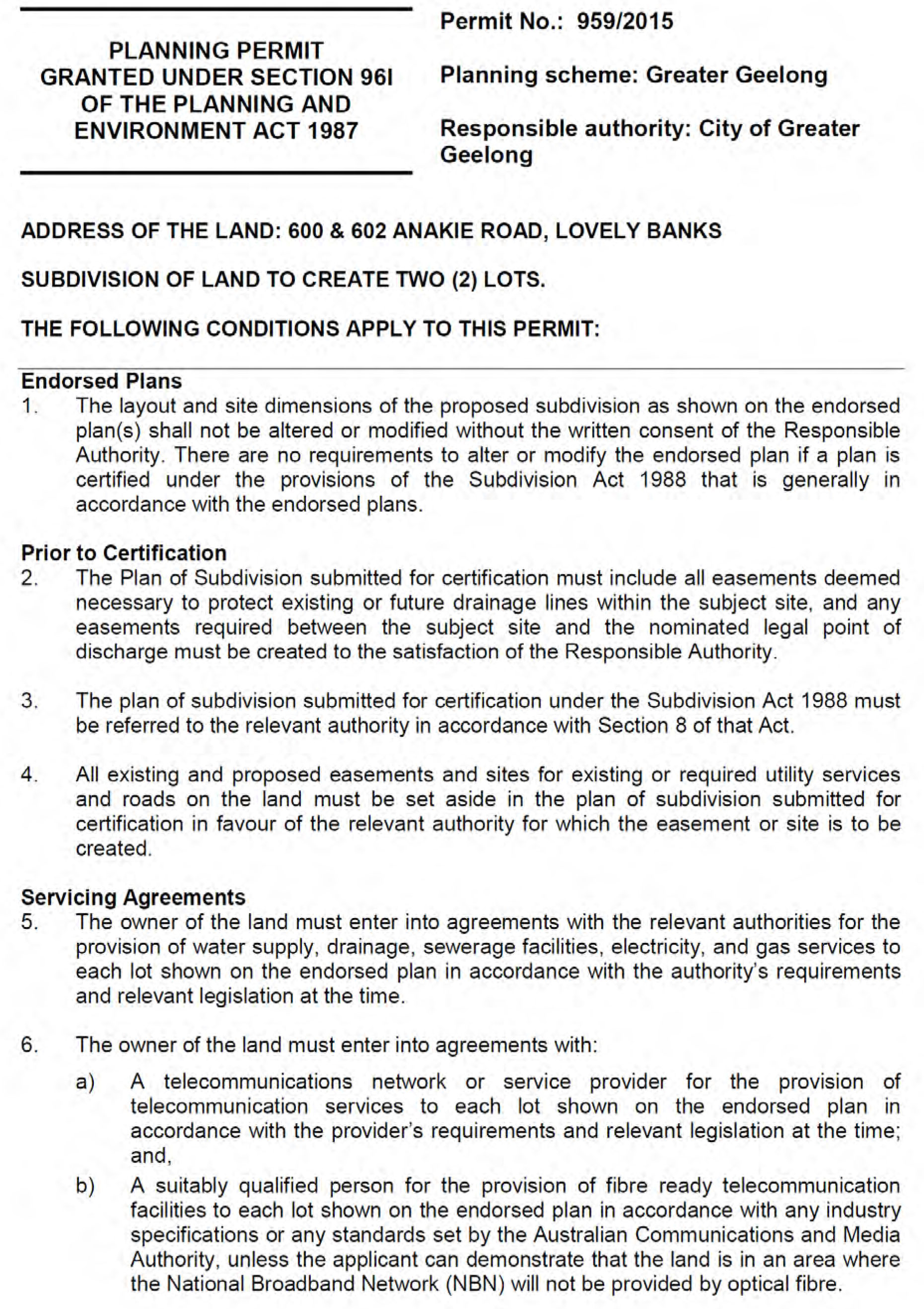Appendix 6 Planning Permit 959/2015 – 600 and 602 Anakie Road, Lovely Banks - Page 1 of 3