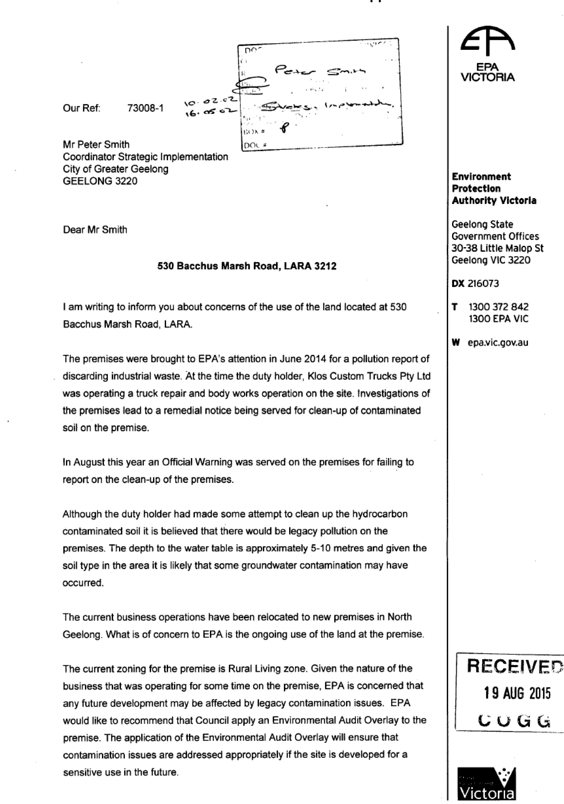 Appendix 1 – EPA Letter - Page 1 of 2