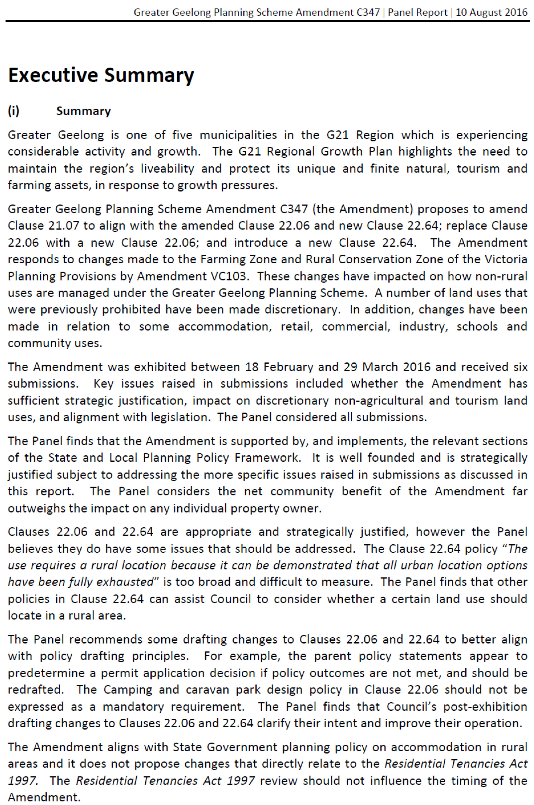 Amendment C347 Panel Report Executive Summary - Page 1 of 2 pages