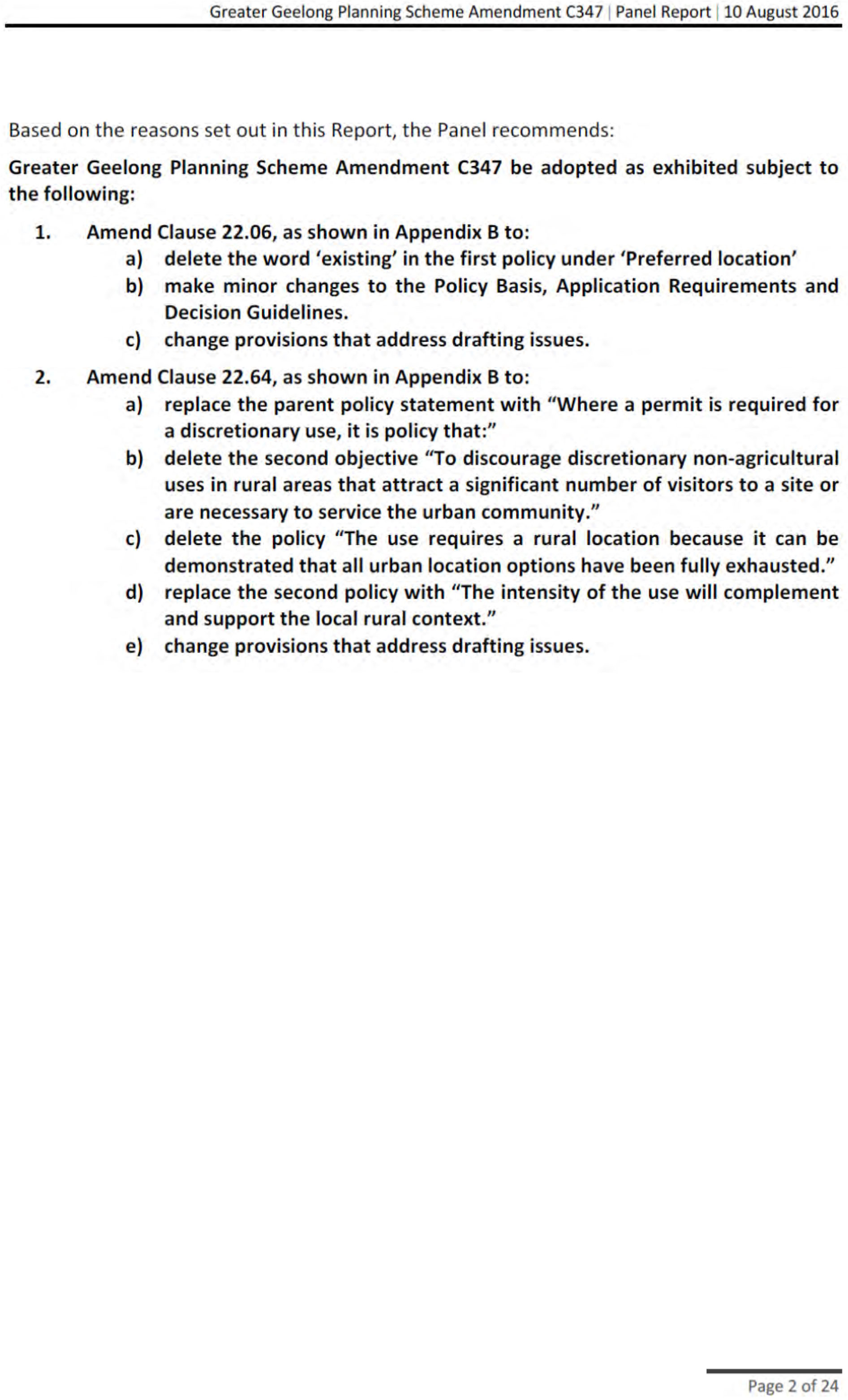 Amendment C347 Panel Report Executive Summary - Page 2 of 2 pages