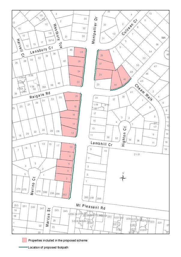 Plan showing properties included in the proposed scheme and location of proposed footpath