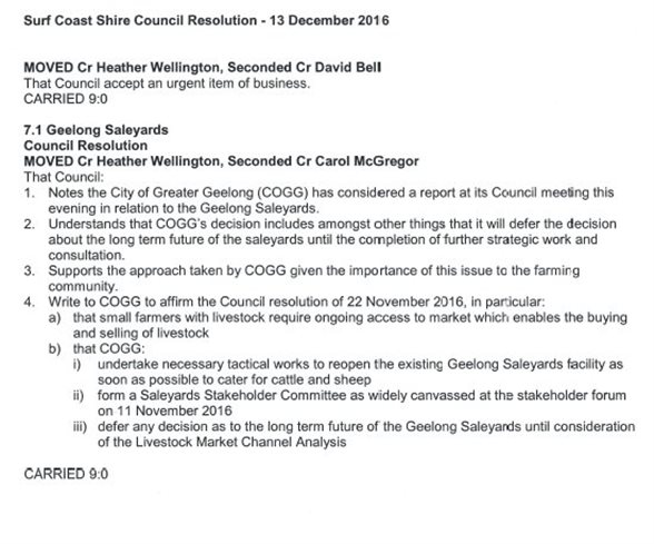 Surfcoast Shire Council Resolution – 13 December 2016