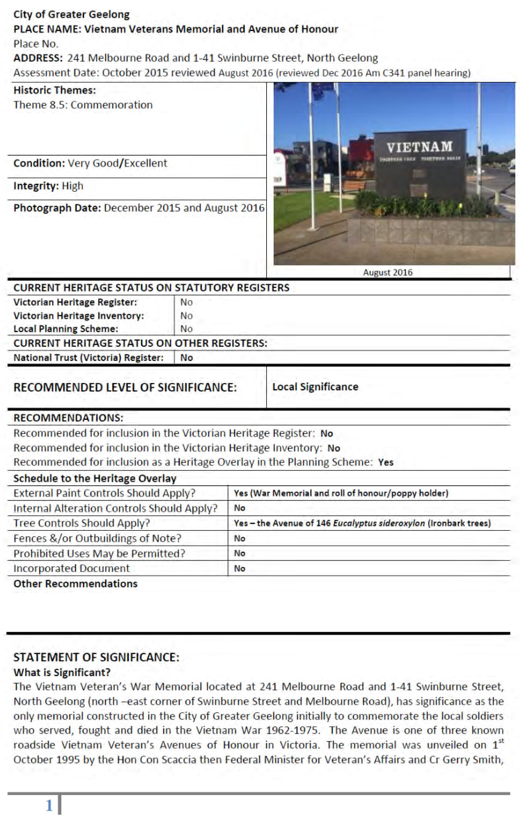 Revised Heritage Citation – Vietnam Veterans  Avenue of Honour and Memorial - Page 1 of 14