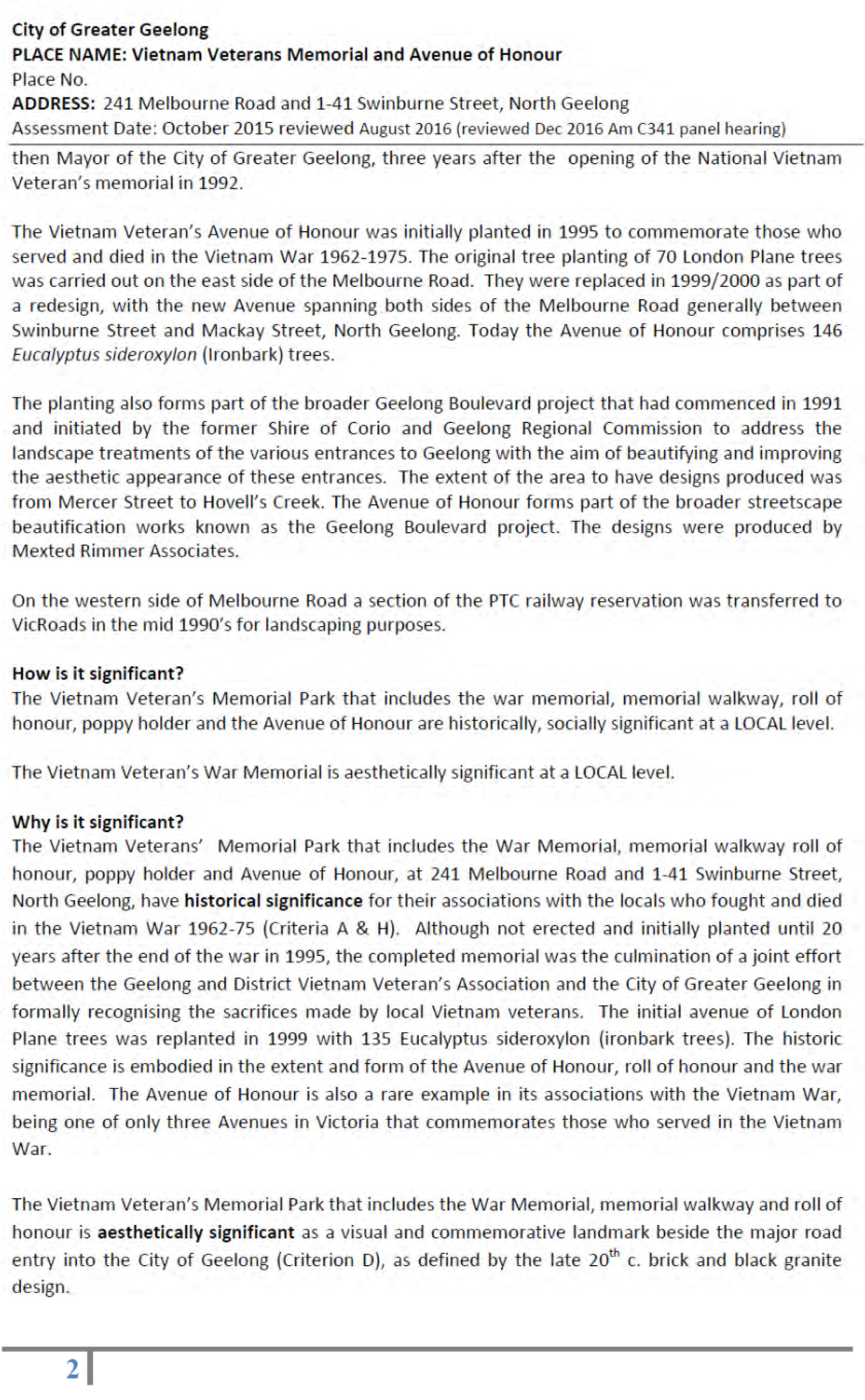 Revised Heritage Citation – Vietnam Veterans  Avenue of Honour and Memorial - Page 2 of 14