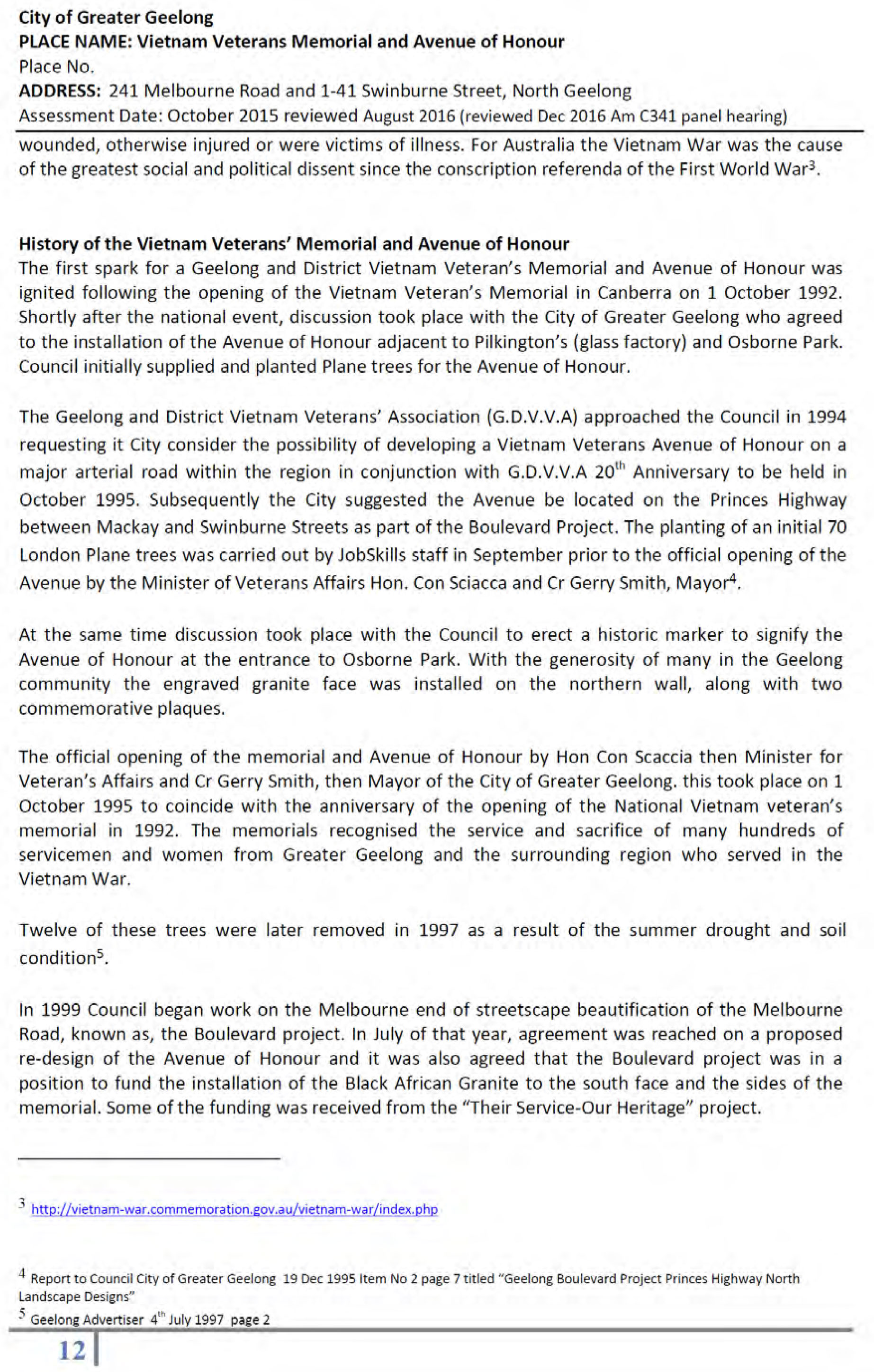 Revised Heritage Citation – Vietnam Veterans  Avenue of Honour and Memorial - Page 12 of 14