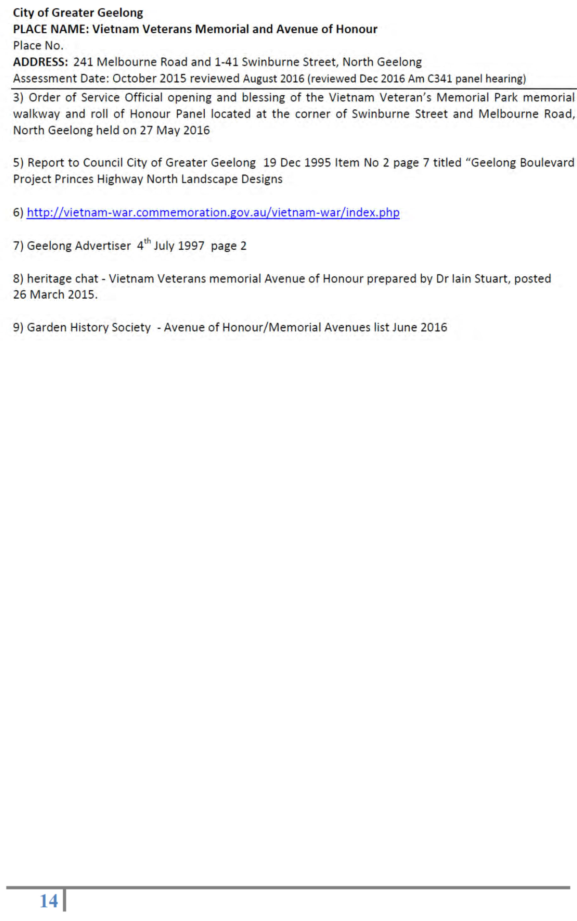 Revised Heritage Citation – Vietnam Veterans  Avenue of Honour and Memorial - Page 14 of 14