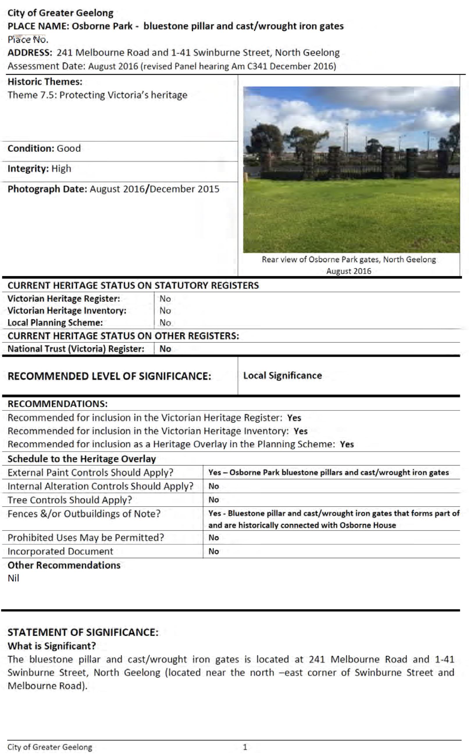 Revised Heritage Citation – Osborne Park gates - Page 1 of 8