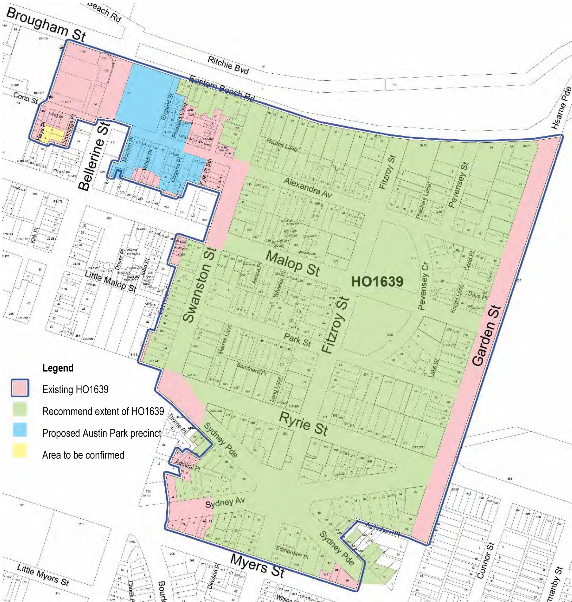 Map showing parts of precinct to be removed (pink)