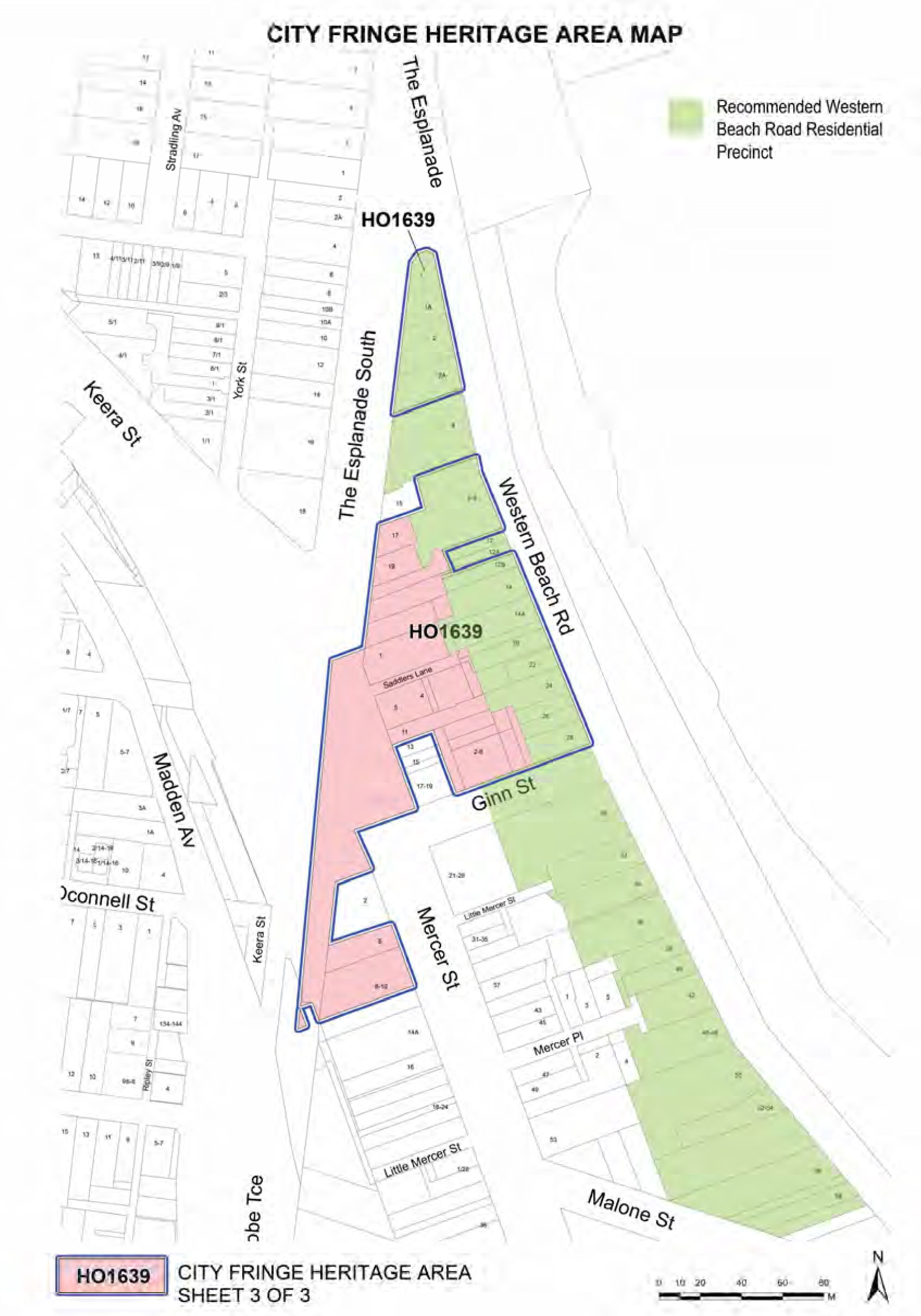 Map showing recommended Western Beach Road residential precinct (green), existing northern part of HO1639 (blue outline) and section of precinct overlay recommended for removal (pink)