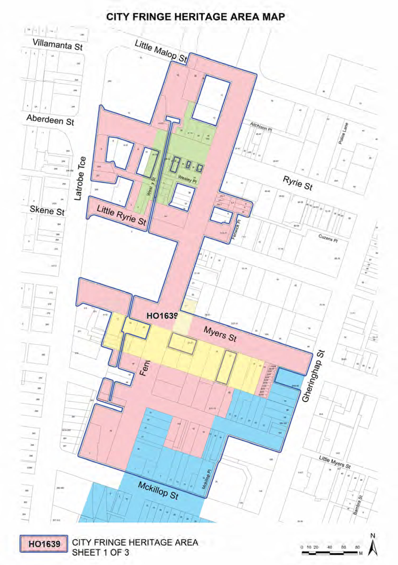 Map showing recommend extension to City South Heritage Area HO1641 (blue), recommended Myers Street residential precinct (bright yellow), recommended Ryrie Street commercial precinct (green), boundary of existing HO1639 (blue outline) and section of precinct recommend for removal (pink)