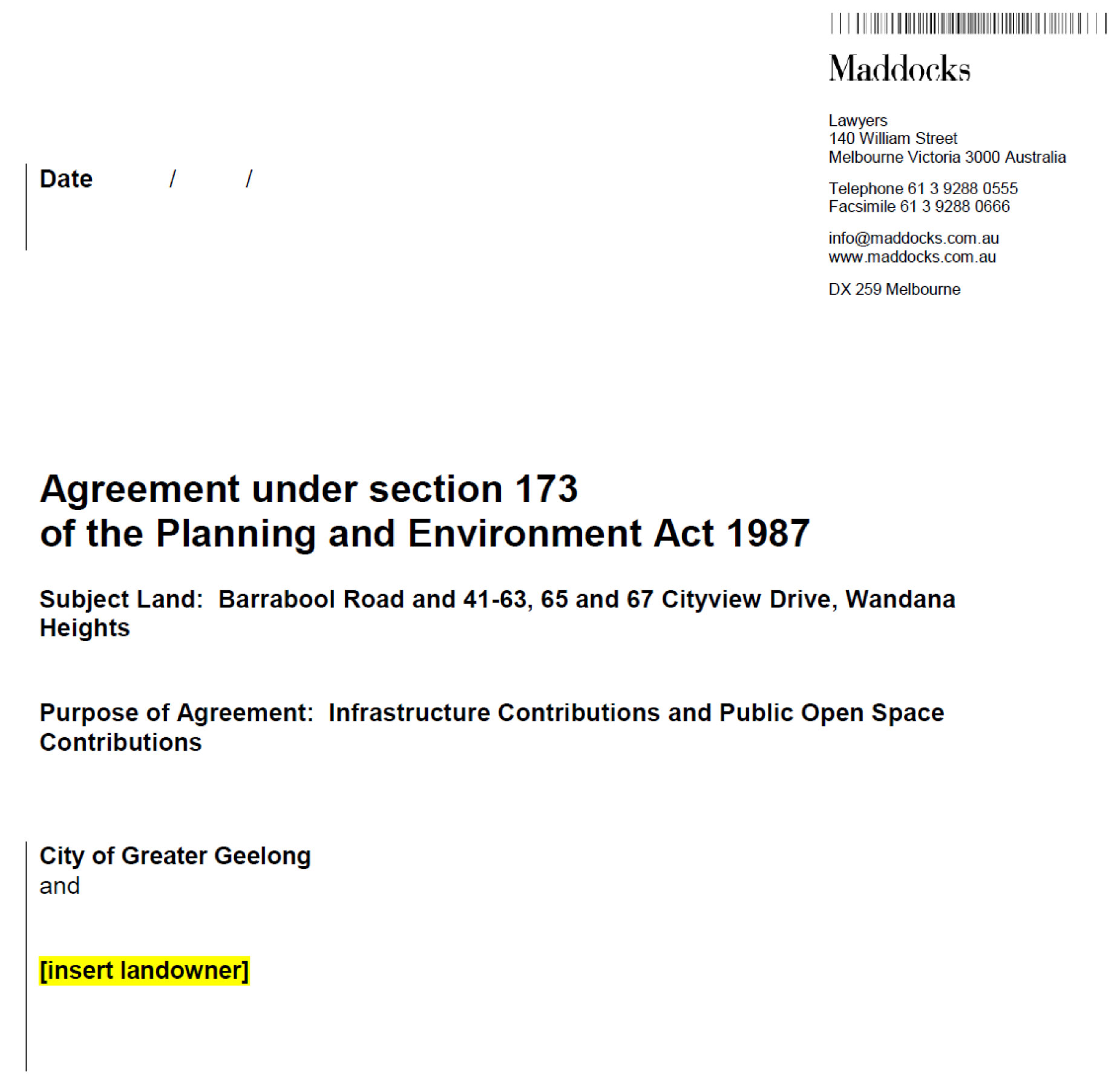 Attachment 8 Model Section 173 Agreement - title page