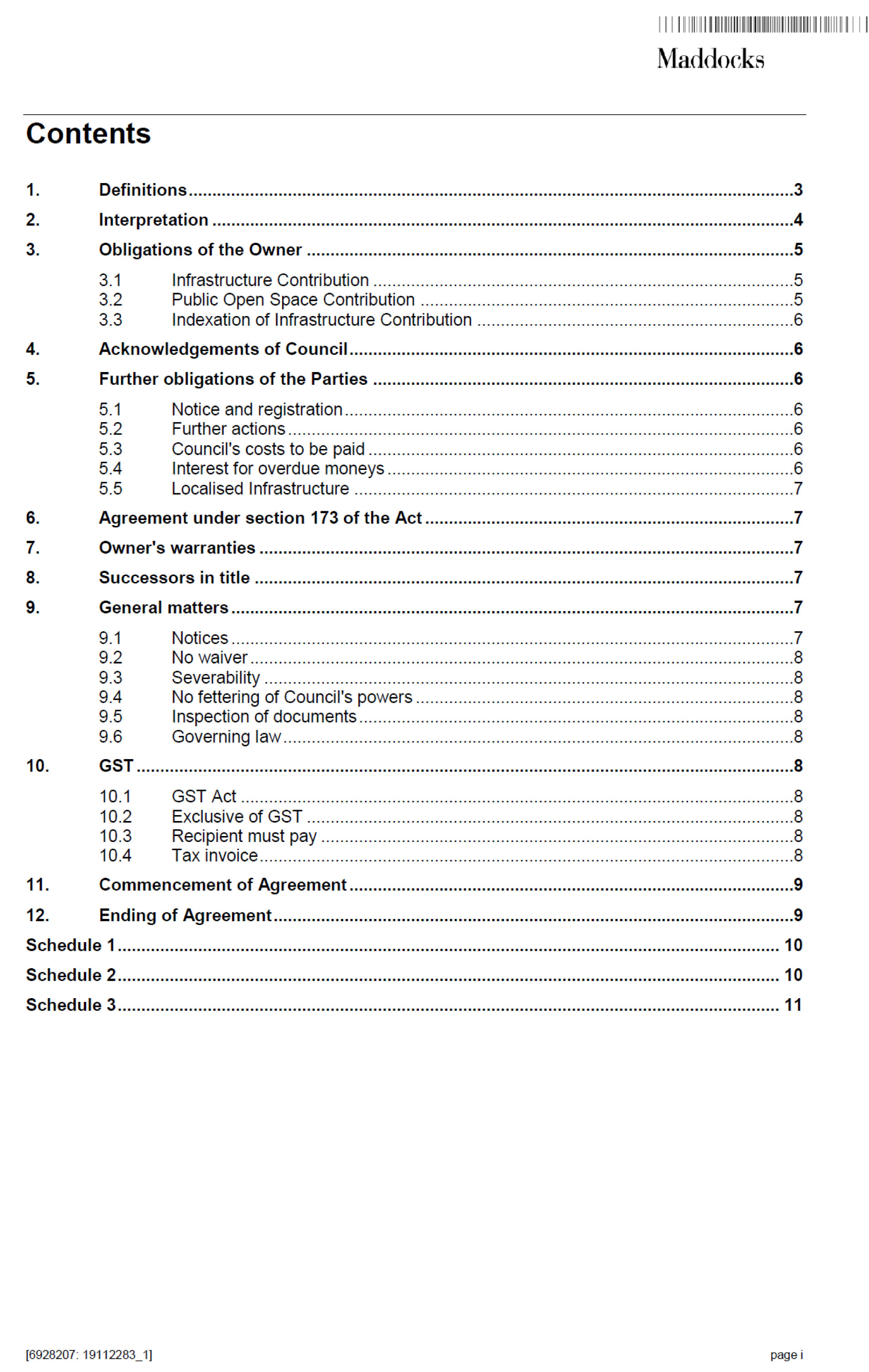 Attachment 8 Model Section 173 Agreement - contents page