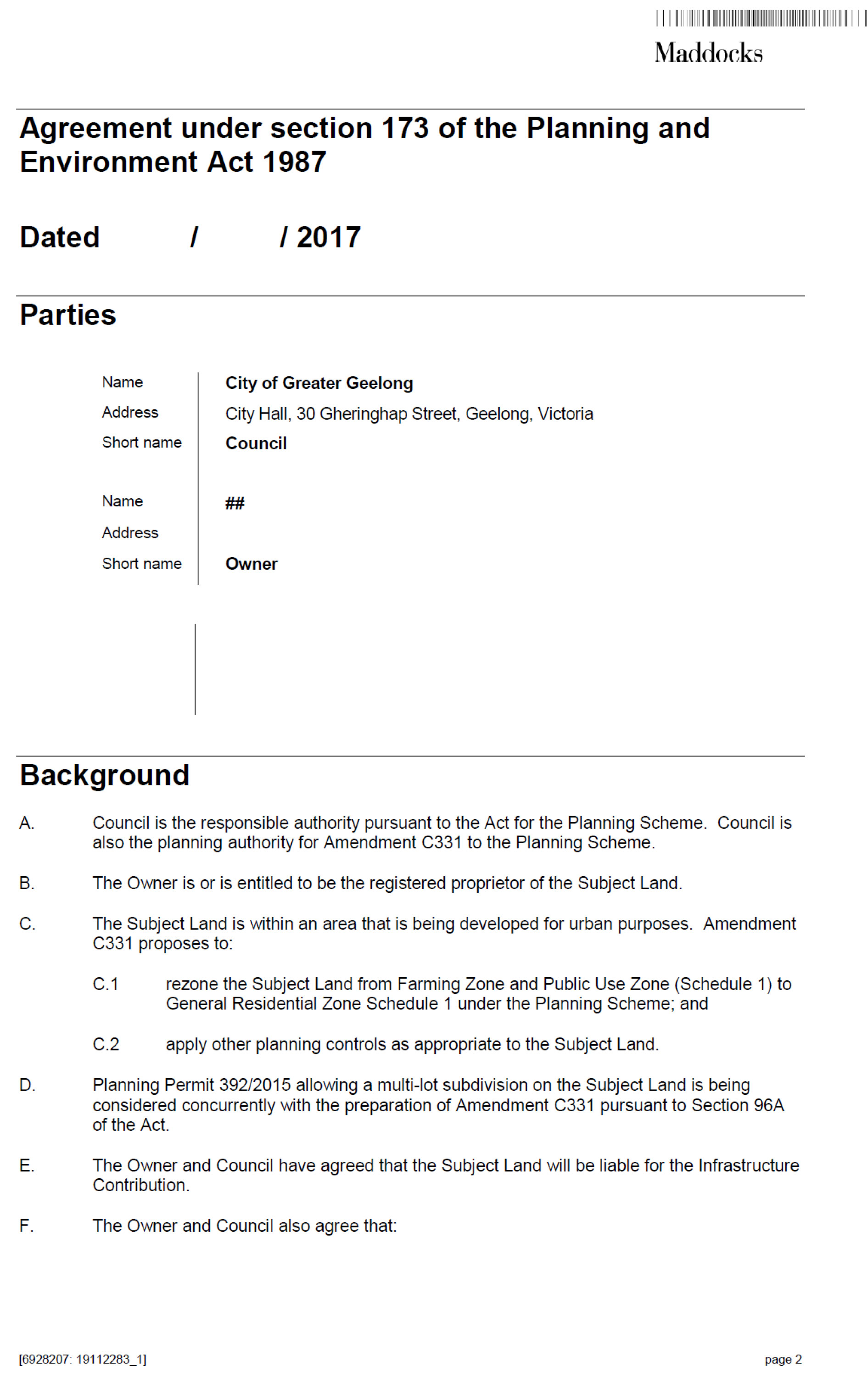 Attachment 8 Model Section 173 Agreement - page 2