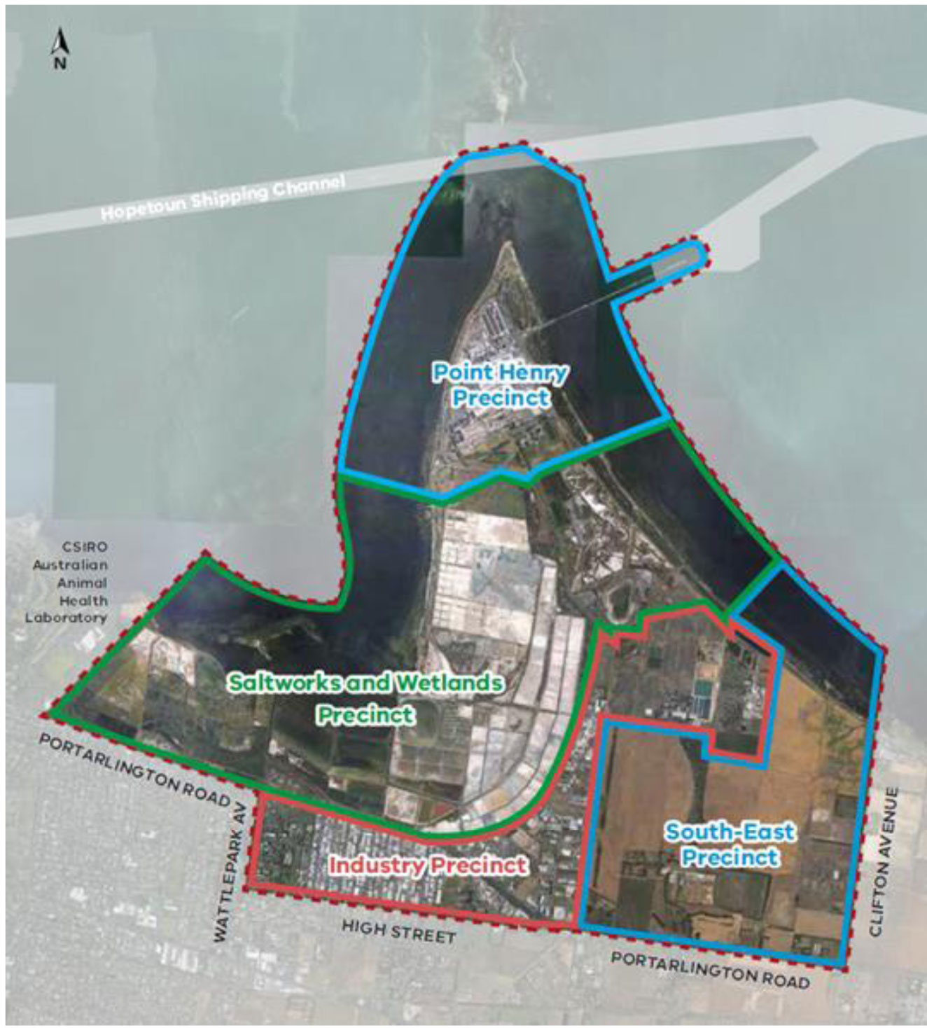 Aerial map showing four precincts