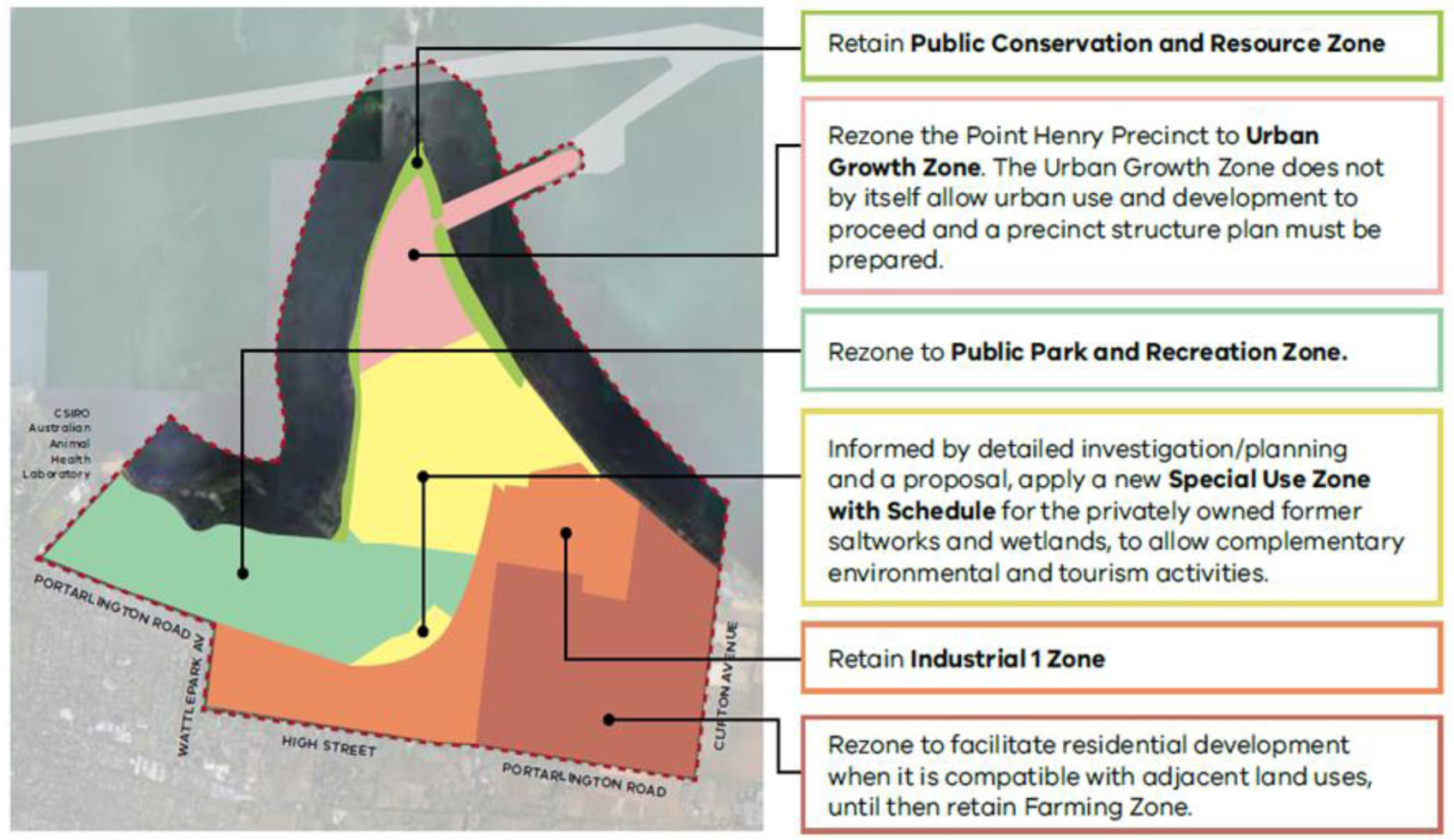 Map showing proposed rezonings by the draft Moolap Plan