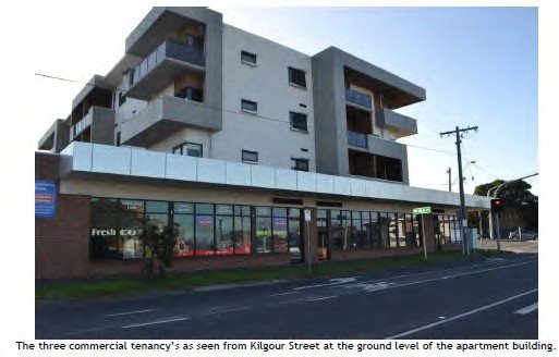 Site image: The tree commercial tenancyies as seen from Kilgour Street at t5he ground level of the apartment building.