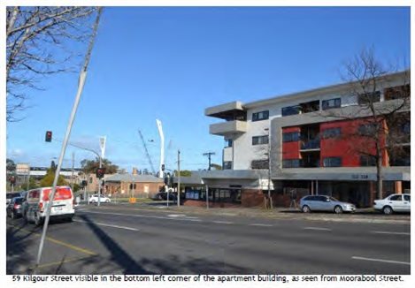 Site image: 59 Kilgour Street visible in the bottom left corner of the apartment building, as seen from Moorabool Street.