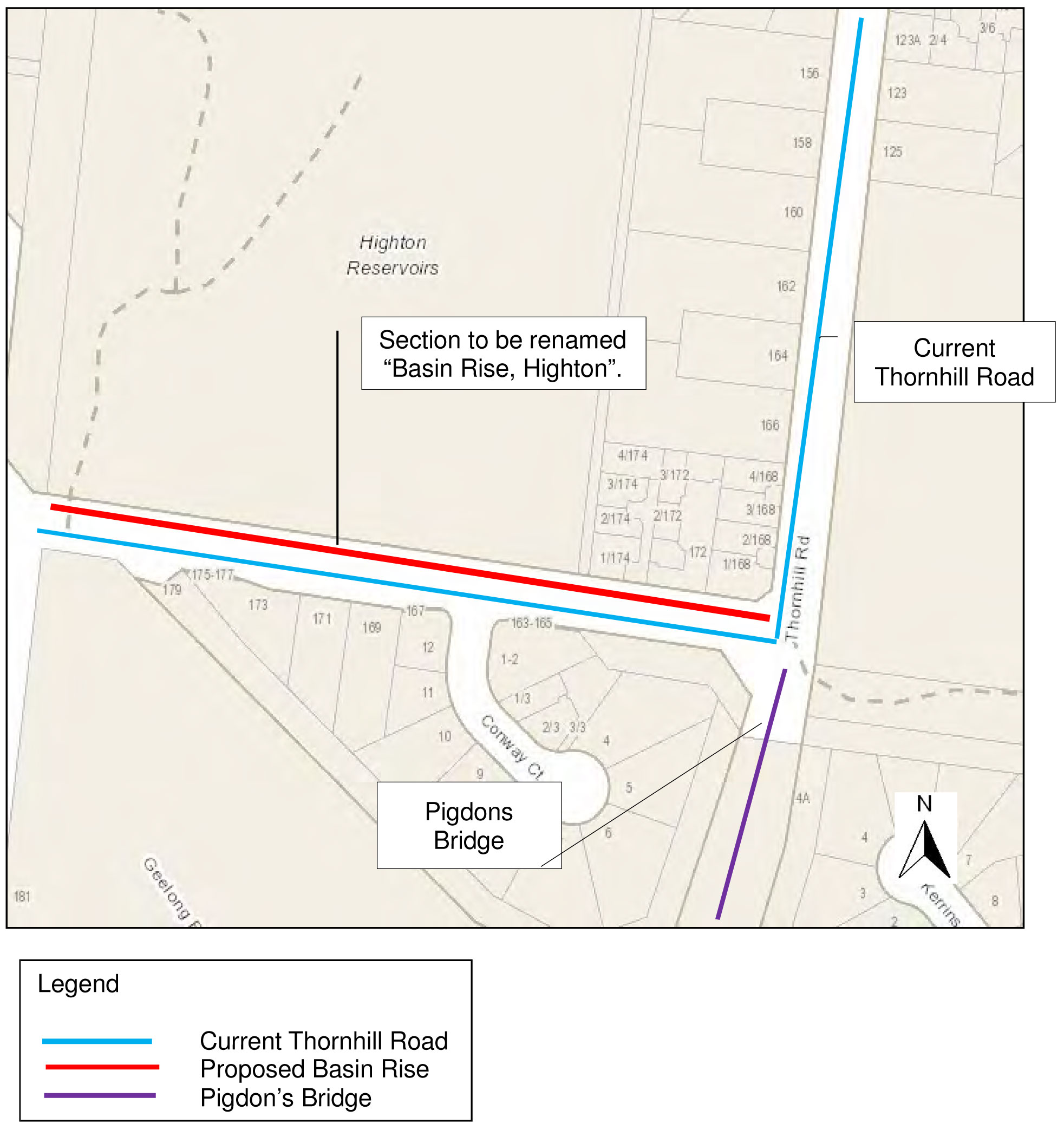 Map showing the current Thornhill Road, the proposed Basin Ris and also Pigdon's Bridge