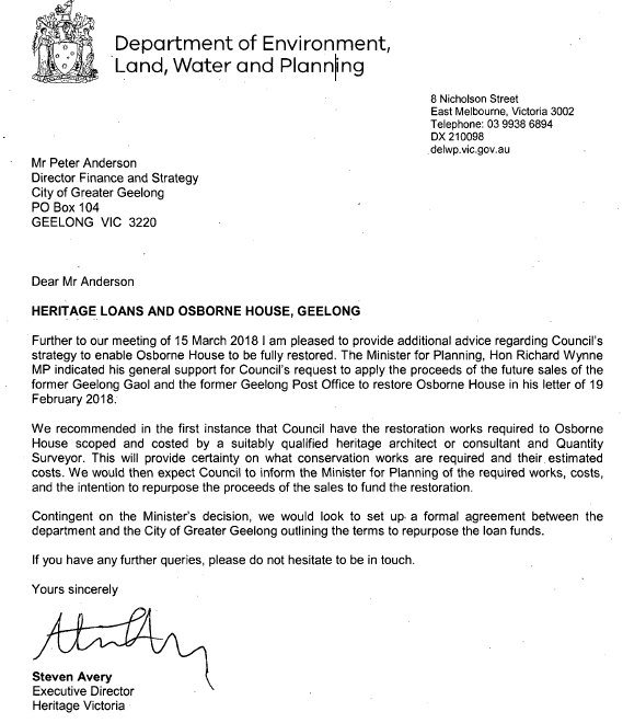 Advice by letter from Heritage Victoria