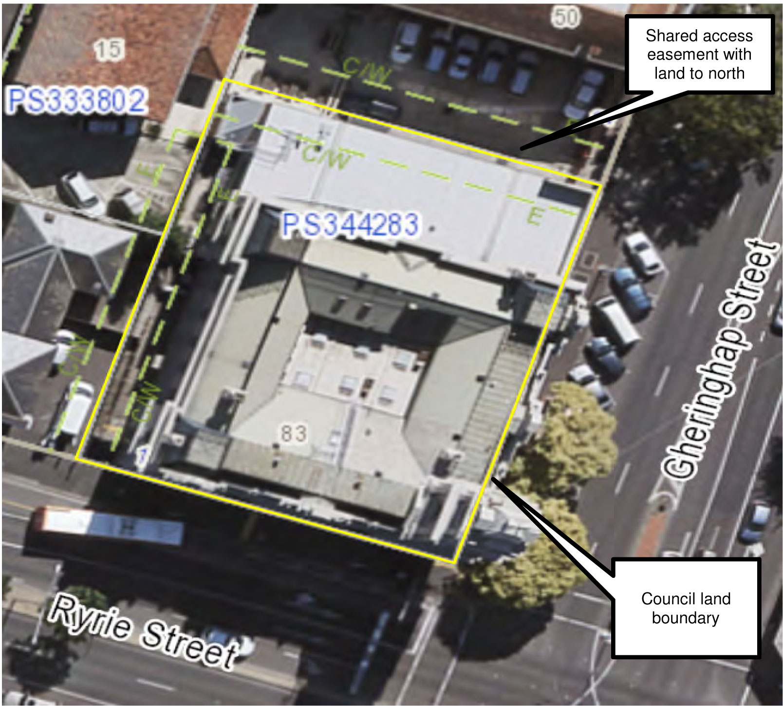 Aerial view showing shared access easement with land to north and council land boundary