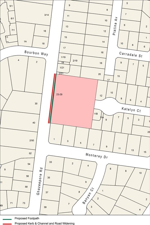 Plan showing location of proposed footpath and proposed kerb and channel, and road widening